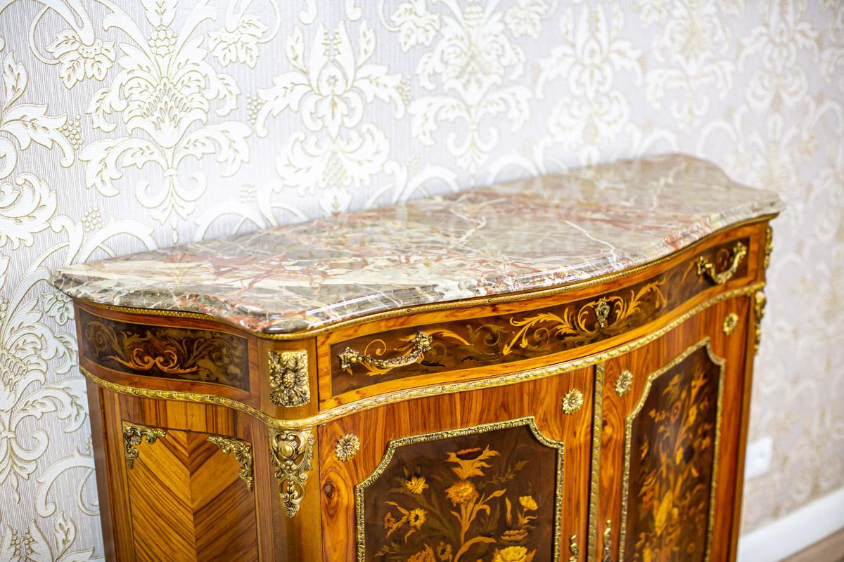 Inlaid Commode from the Late 20th Century in the Louis XV Type with Marble Top In Good Condition In Opole, PL