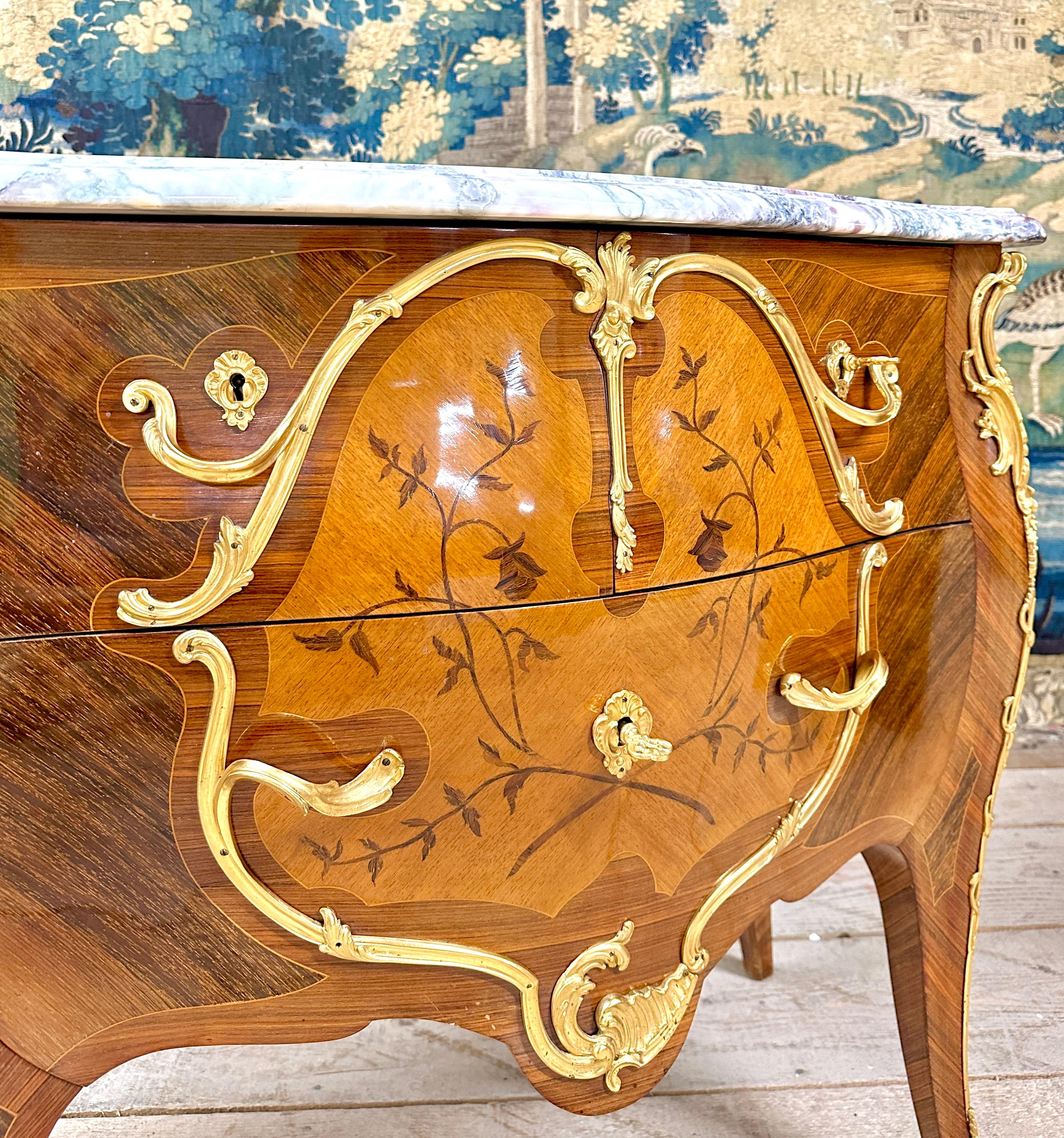 Commode In Flower Marquetry And Gilt Bronze, Louis XV Style For Sale 4