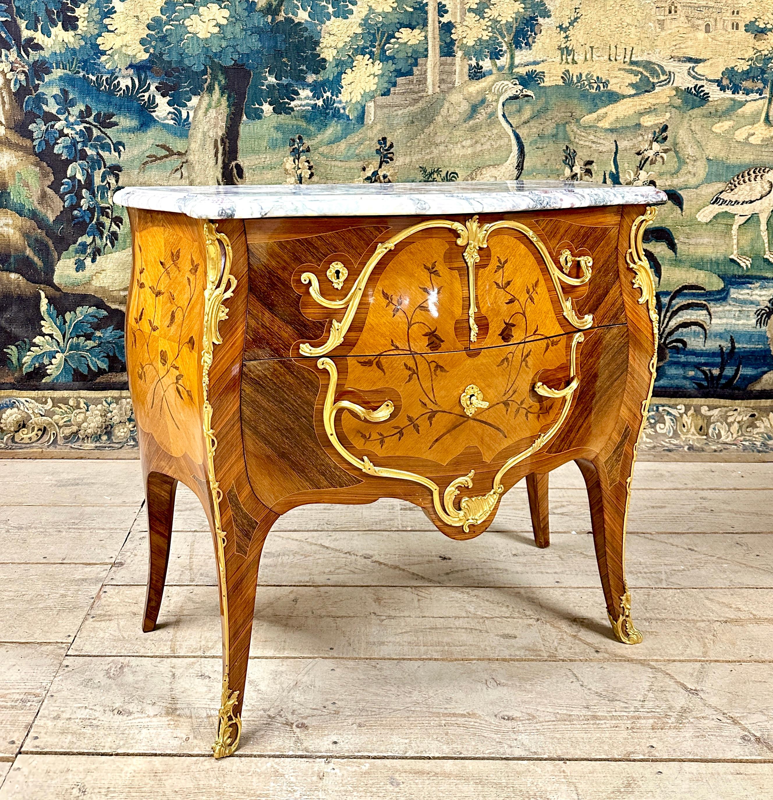Commode In Flower Marquetry And Gilt Bronze, Louis XV Style For Sale 5
