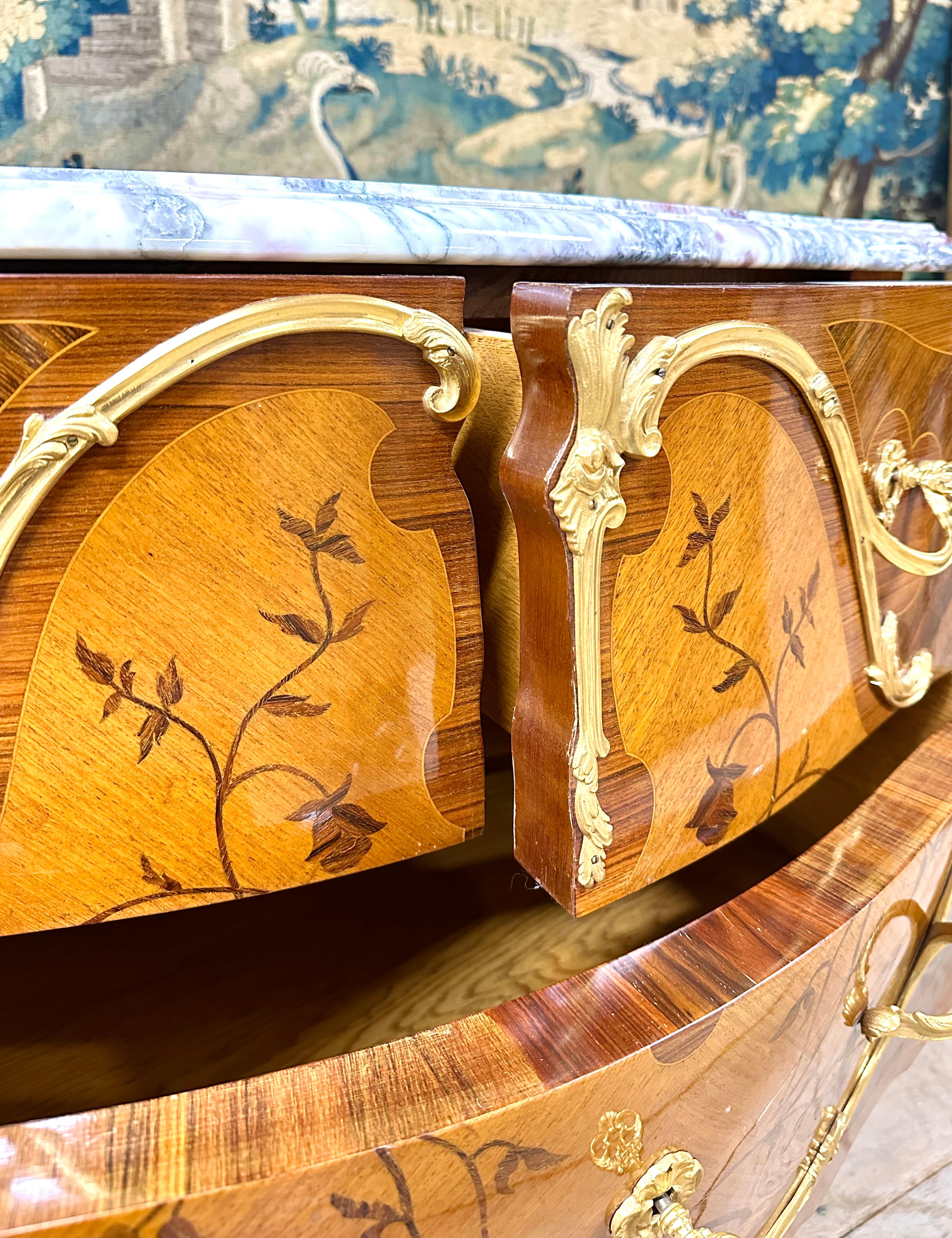 Napoleon III Commode In Flower Marquetry And Gilt Bronze, Louis XV Style For Sale