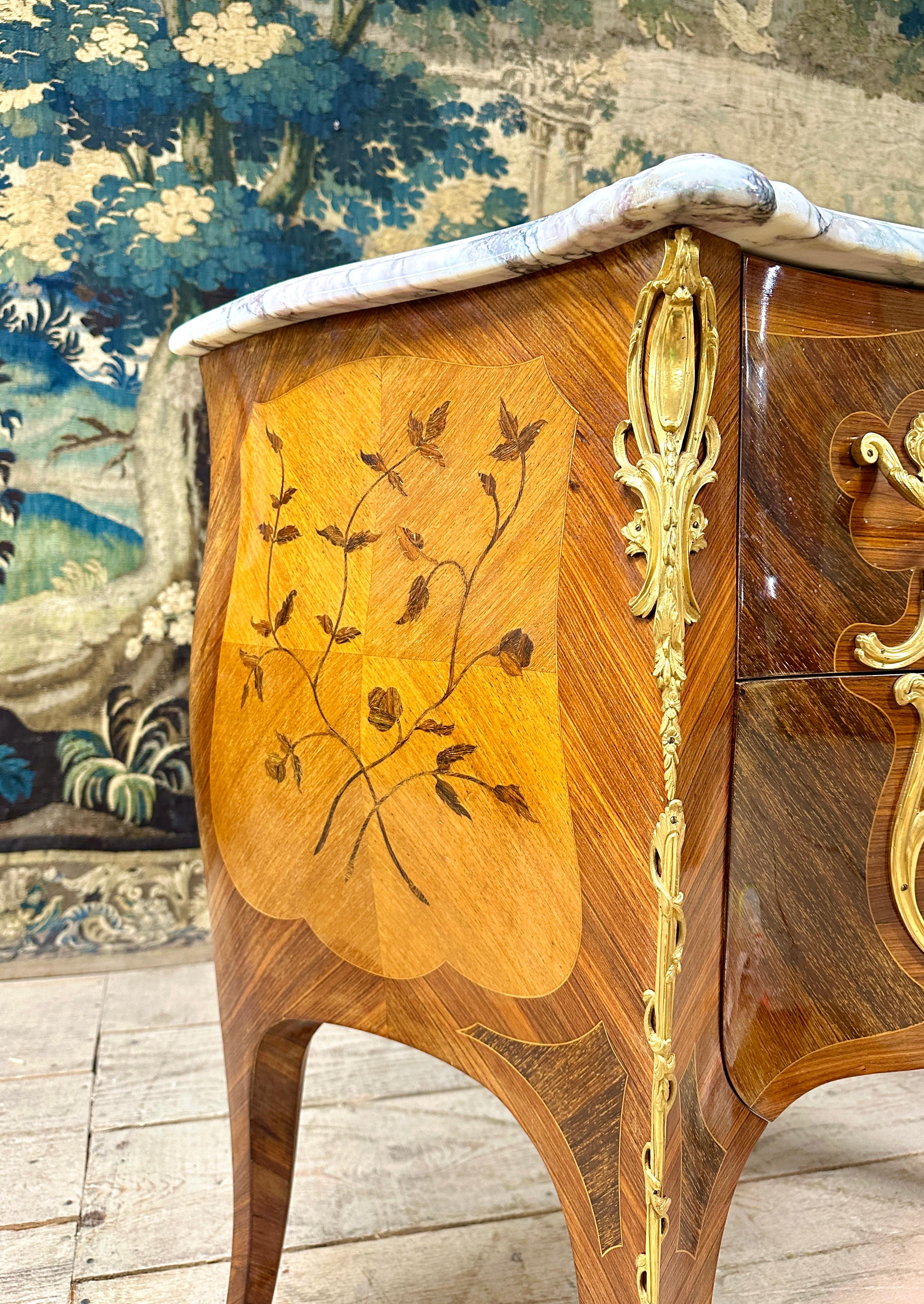 Fruitwood Commode In Flower Marquetry And Gilt Bronze, Louis XV Style For Sale