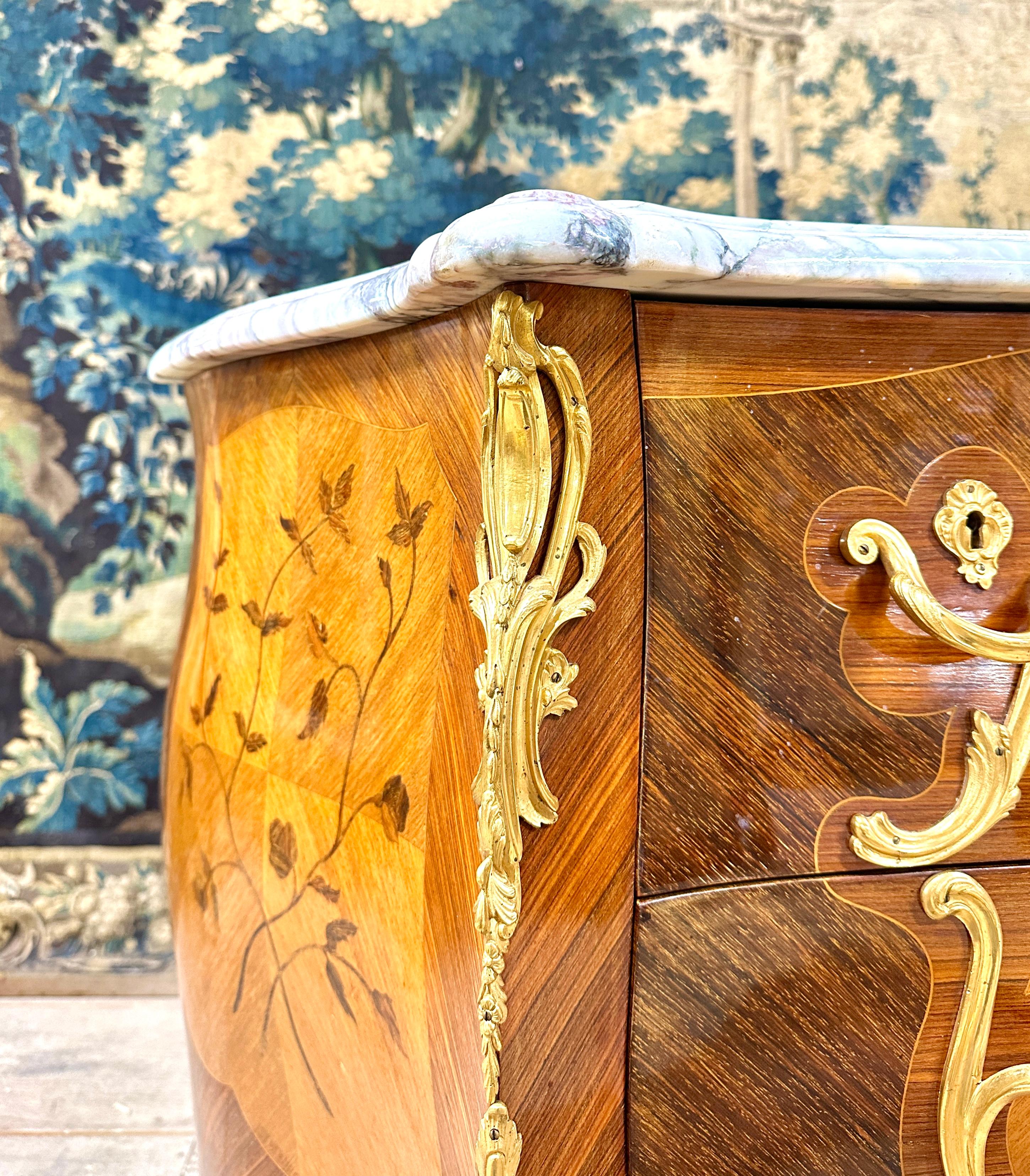 Commode In Flower Marquetry And Gilt Bronze, Louis XV Style For Sale 1