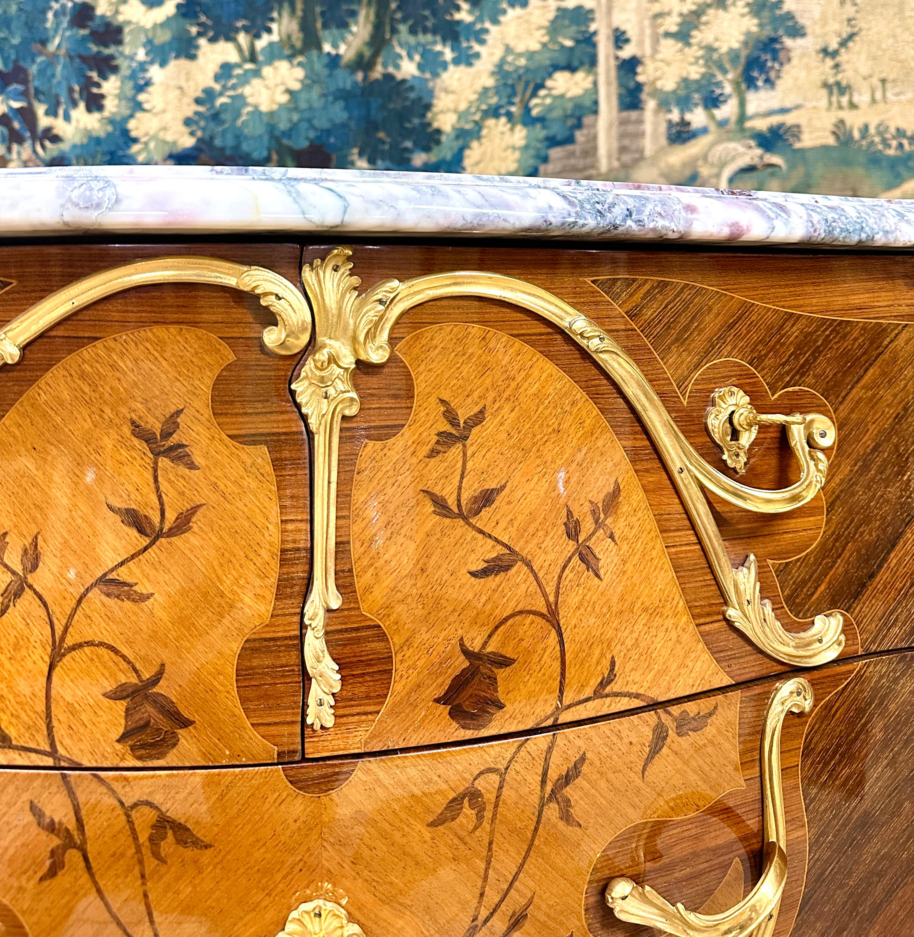 Commode In Flower Marquetry And Gilt Bronze, Louis XV Style For Sale 2