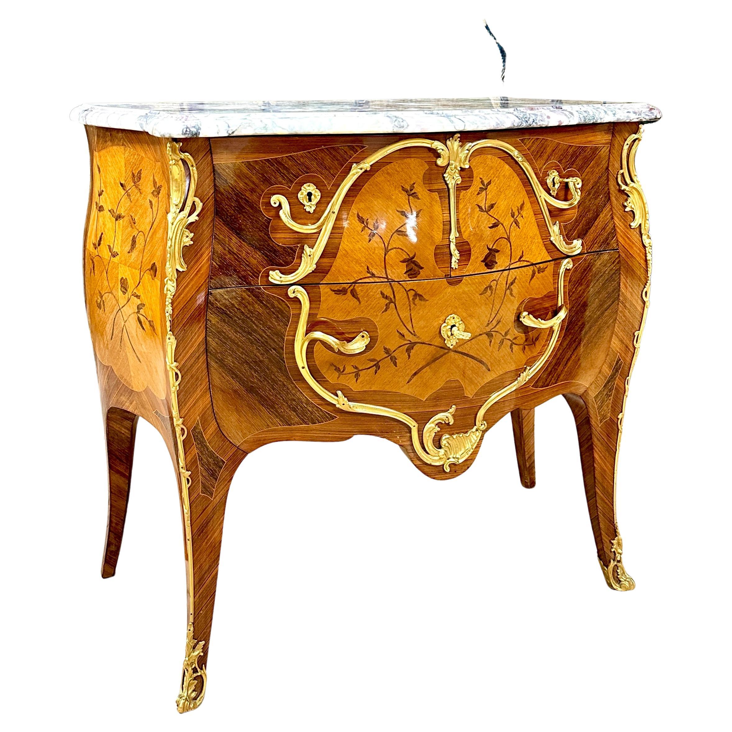 Commode In Flower Marquetry And Gilt Bronze, Louis XV Style For Sale