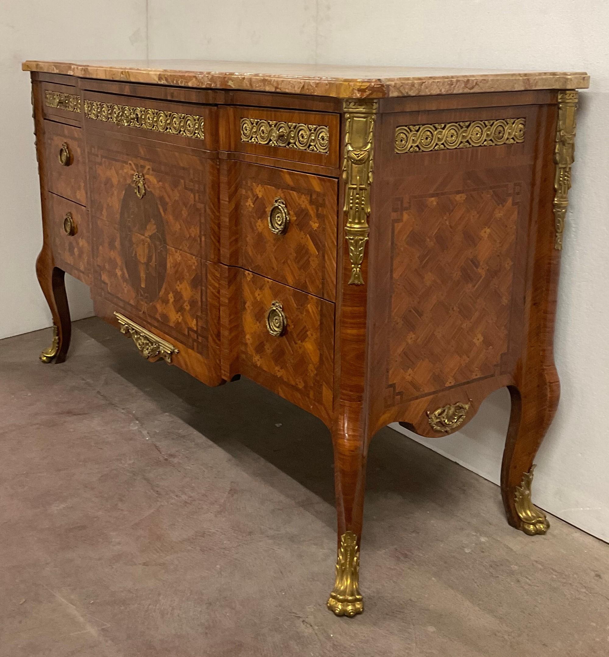 French Commode In Marquetry And Bronze, Napoleon III, Early 20th Century For Sale