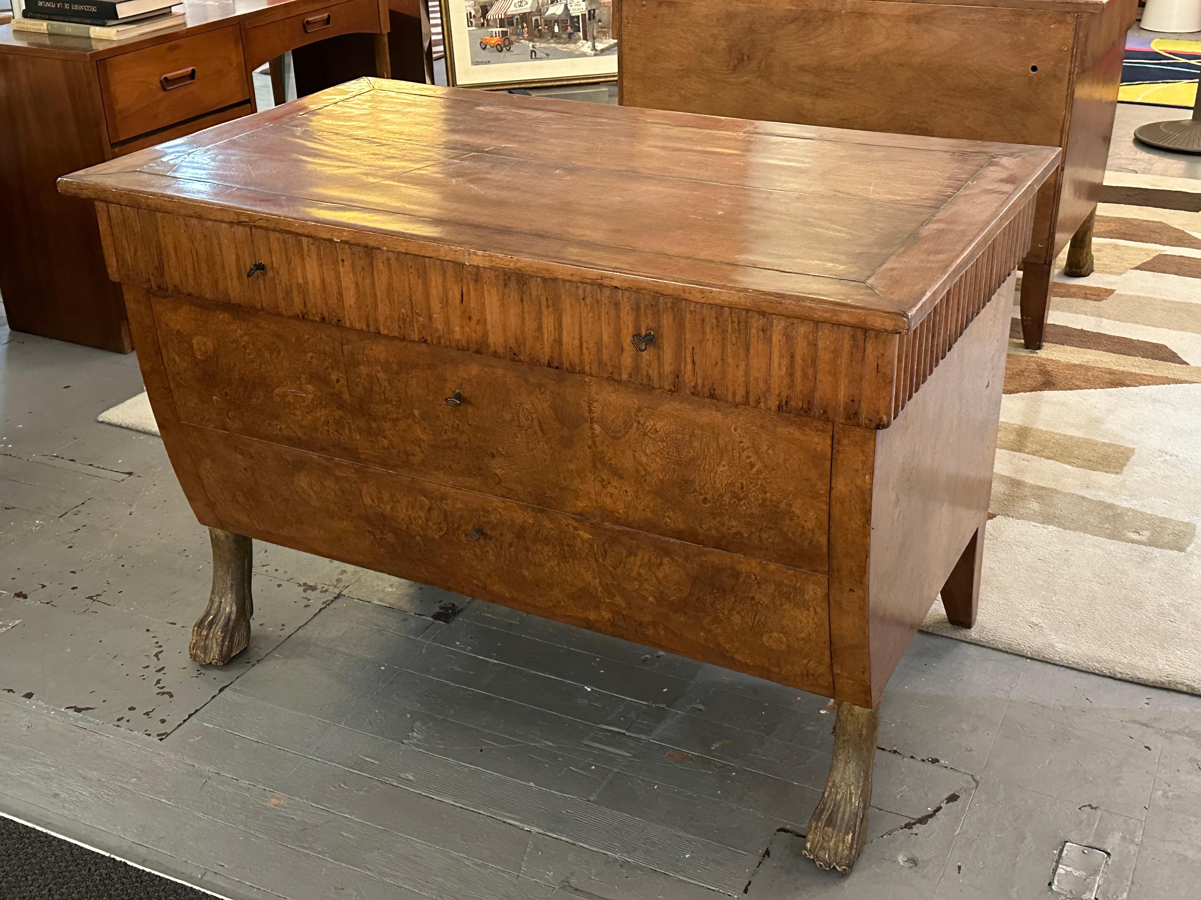 This pair of walnut and burl wood Consoles Faux Chest of Drawers by Rose Tarlow are standing on silvered legs
They are a perfect example of the work of Tarlow when she opened Rose Tarlow Antiques in the 80s.
The design features a single corrugated