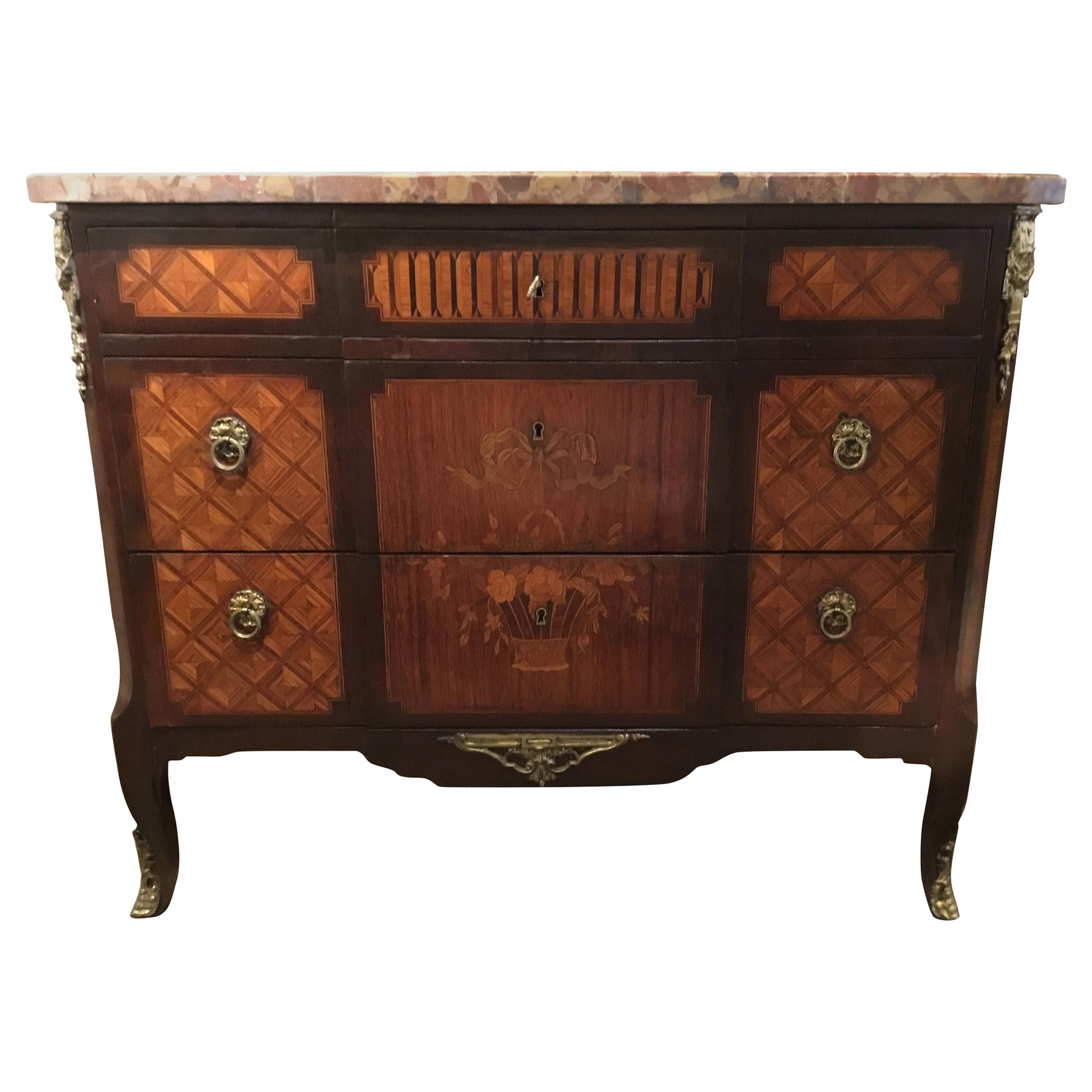 Commode Marble Top with Marquetry and Ormolu Mounts, Louis XV-XVI Style