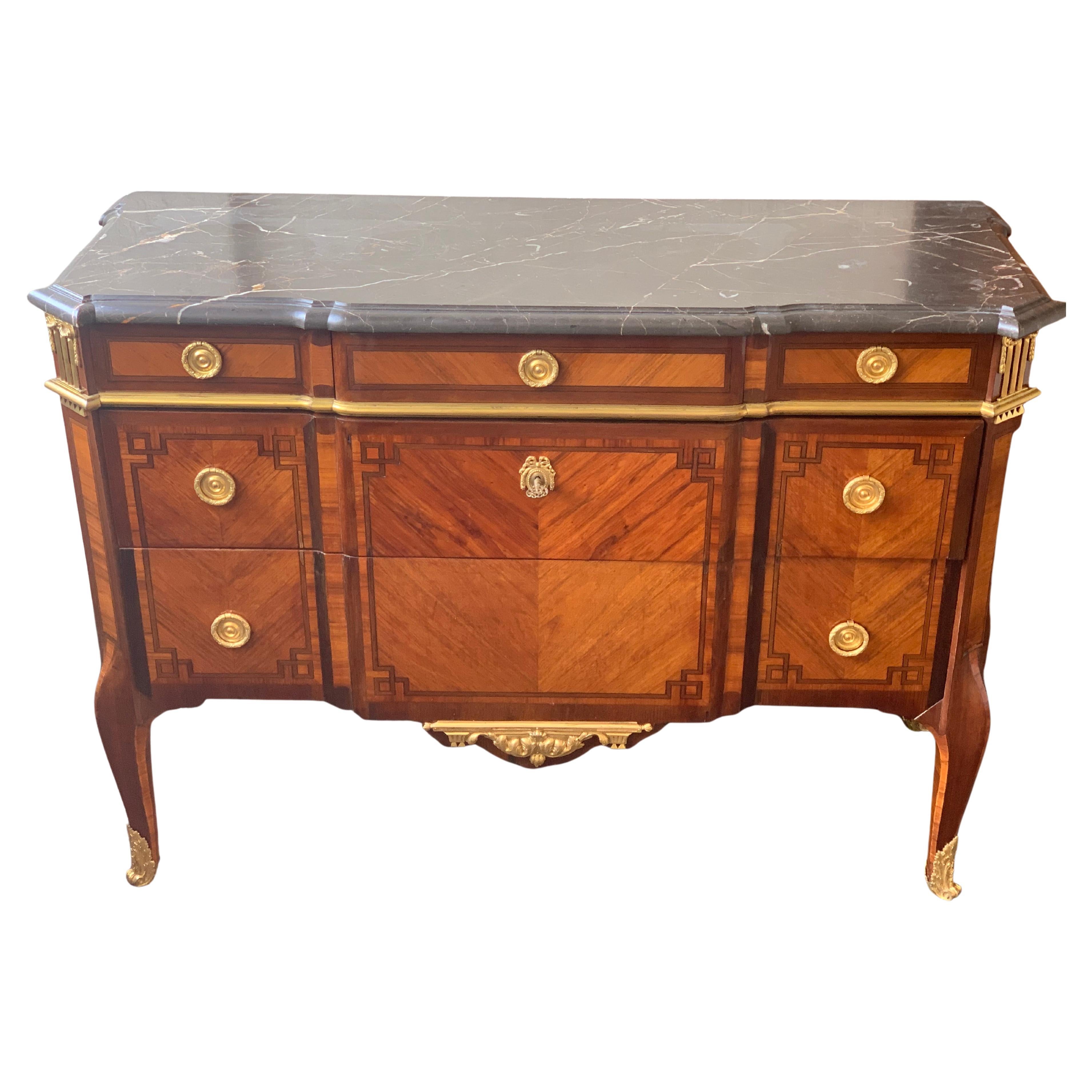 Commode Marquetry and Bronze Transition Louis XV Louis XVI For Sale