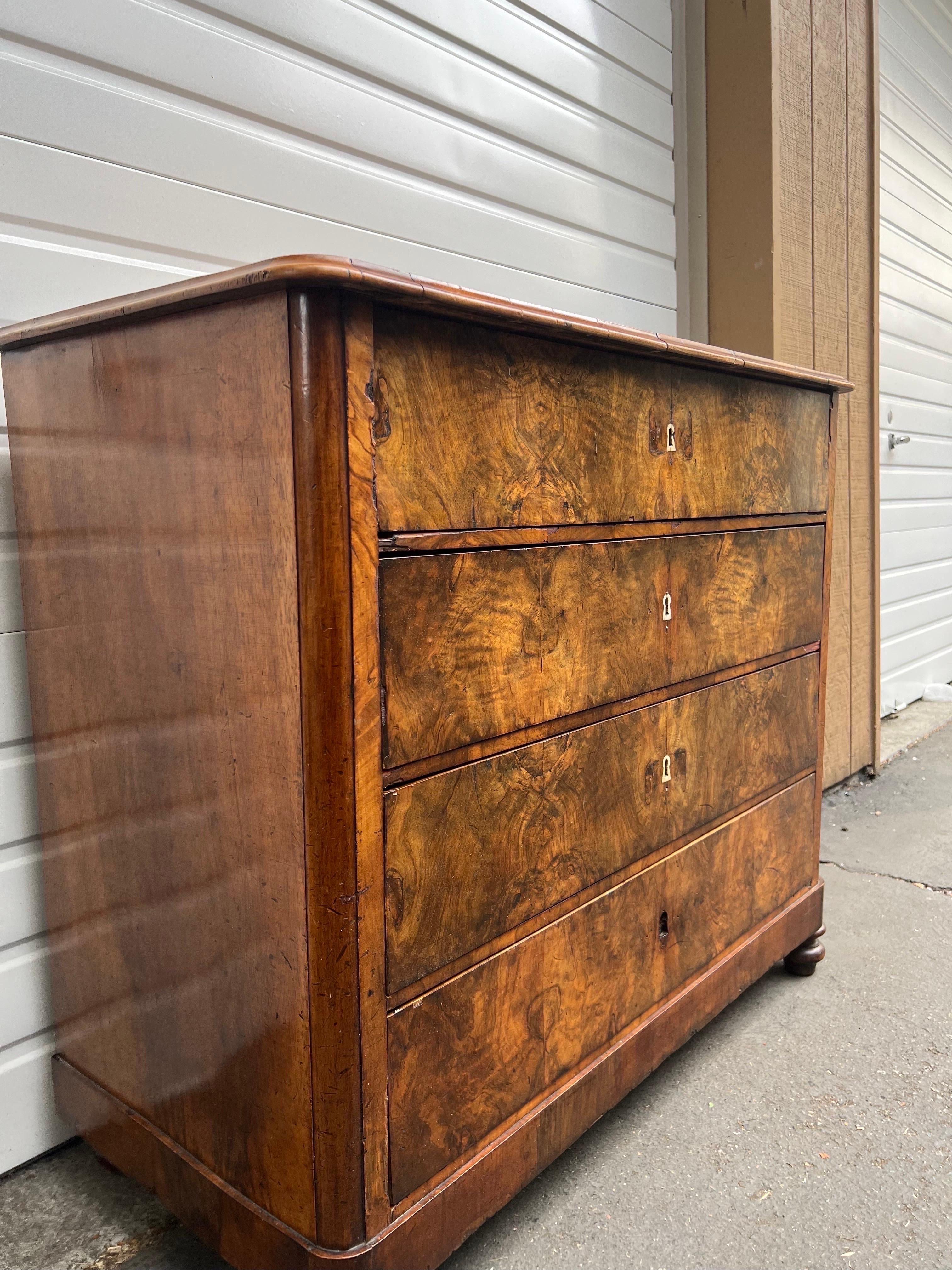 Walnut Commode or Dresser With 4 Large Drawers in Style of Noble Biedermeier Furniture For Sale