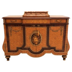 Commode parisienne en marqueterie de bois précieux avec plateau en marbre 20e siècle