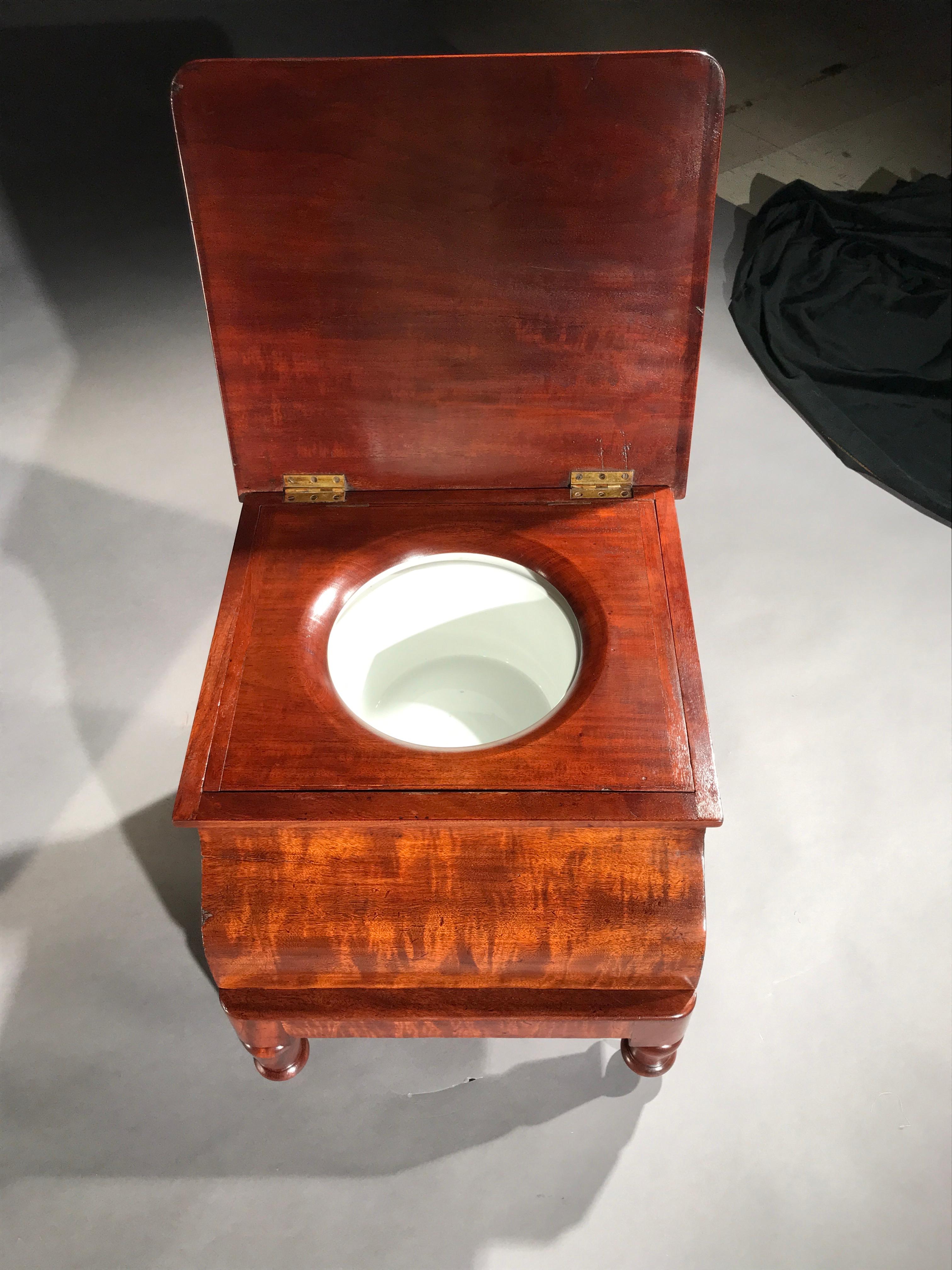 English Commode, Potty, Mahogany, Plum Pudding, Original Pullout Footrest & Ceramic Pot For Sale