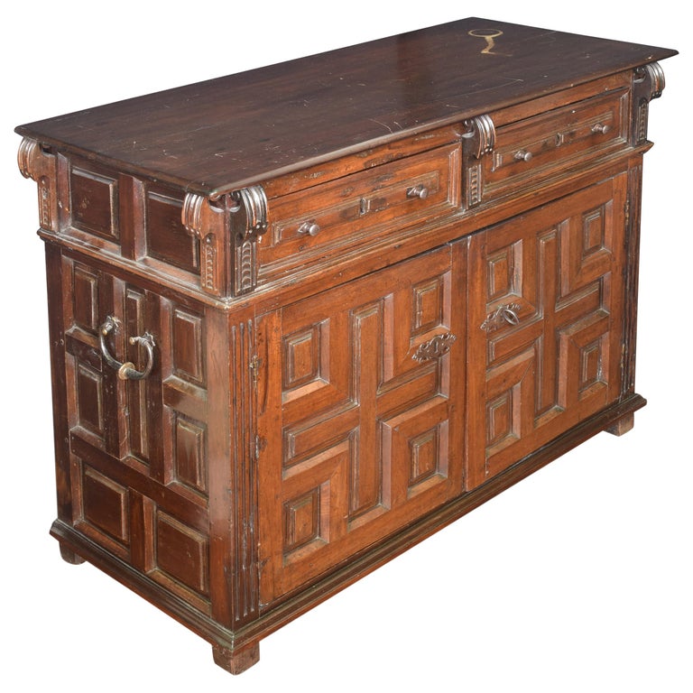 Commode, Taquillón, Walnut, Wrought Iron, Spain, 17th Century For Sale