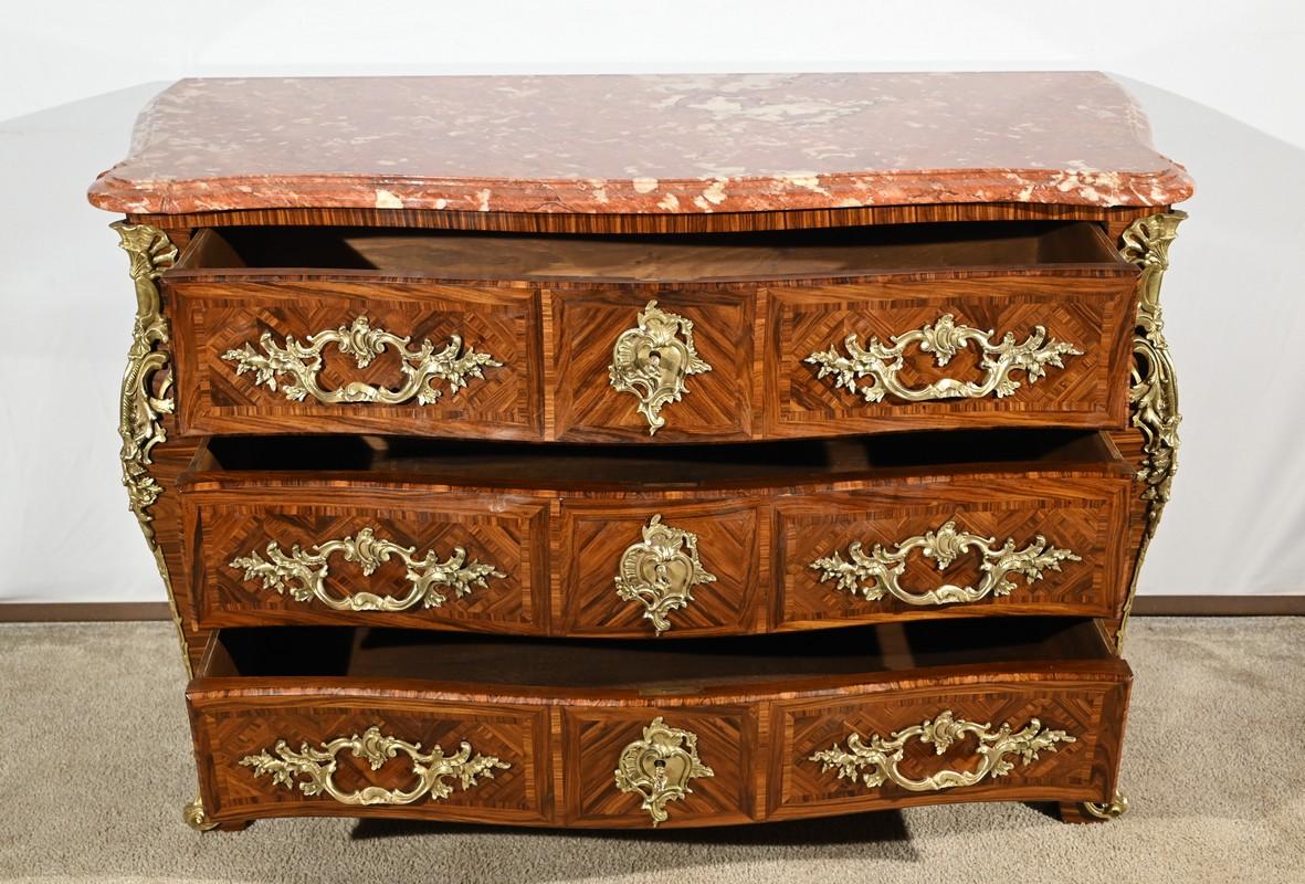 French Tombeau chest of drawers in marquetry, Transition style – Part 1 of the 20th cen For Sale