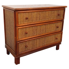 Commode vintage en bois et rotin tressé des années 70