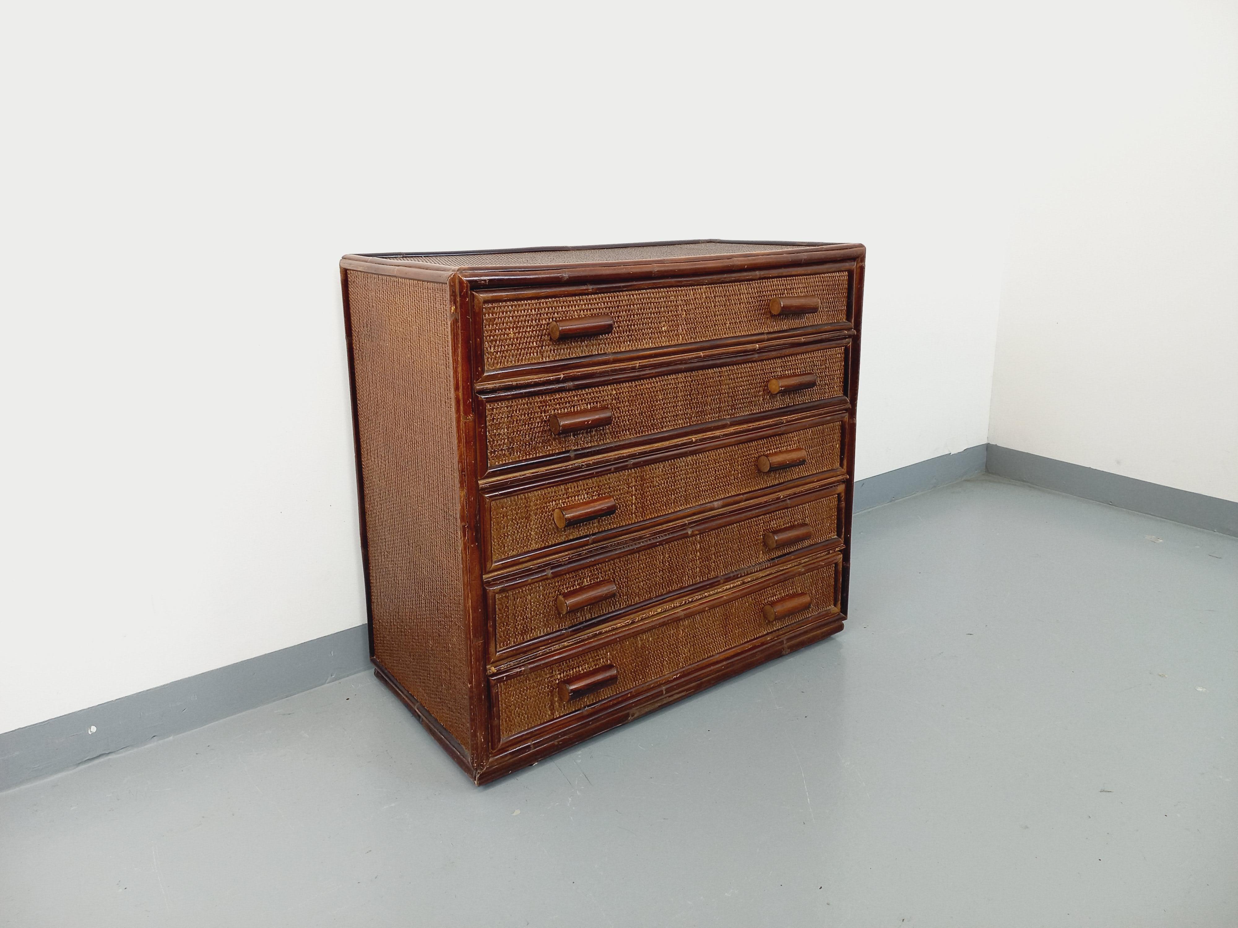 French Commode vintage en rotin et rotin tressé des années 70