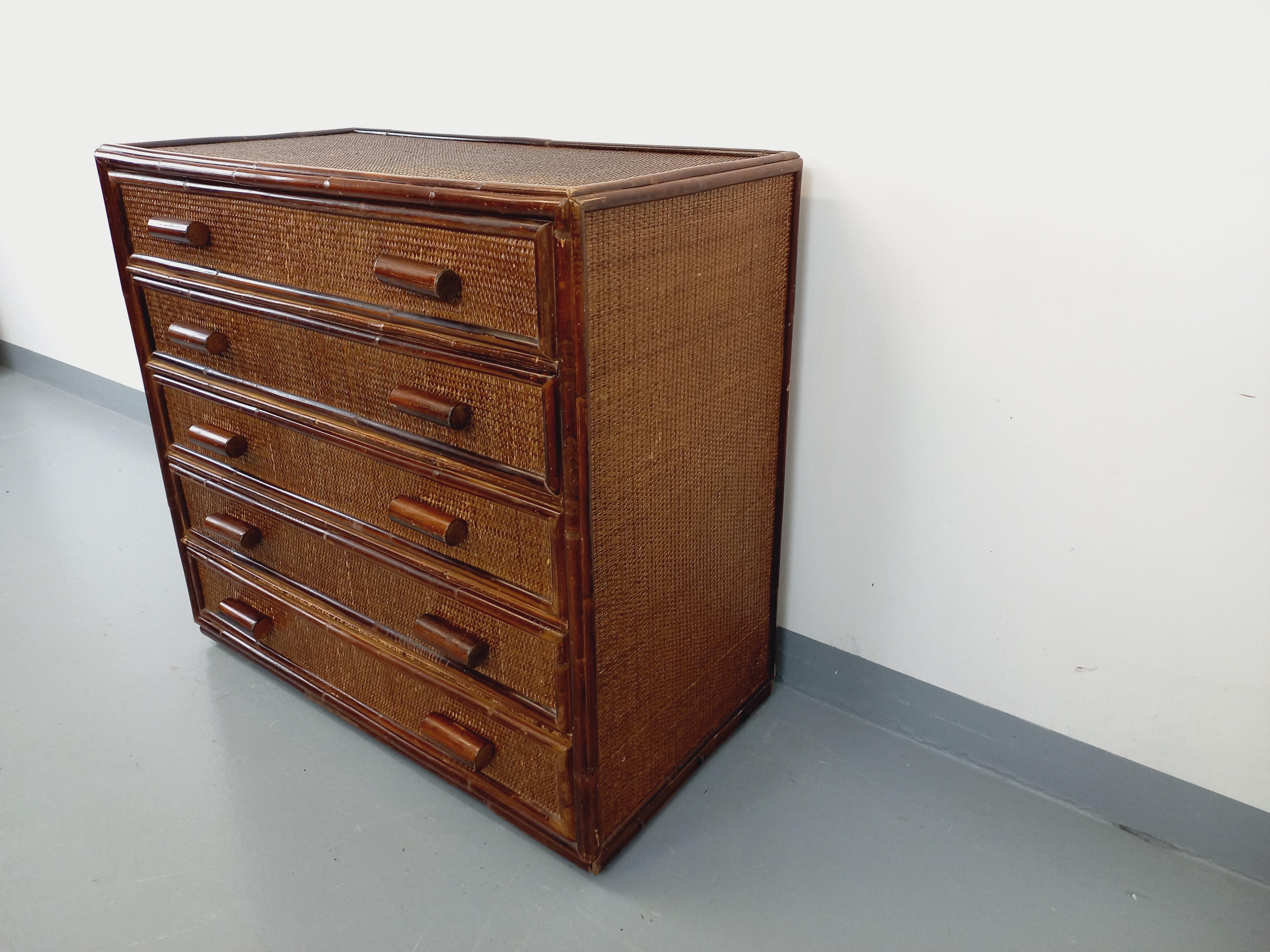 Rattan Commode vintage en rotin et rotin tressé des années 70