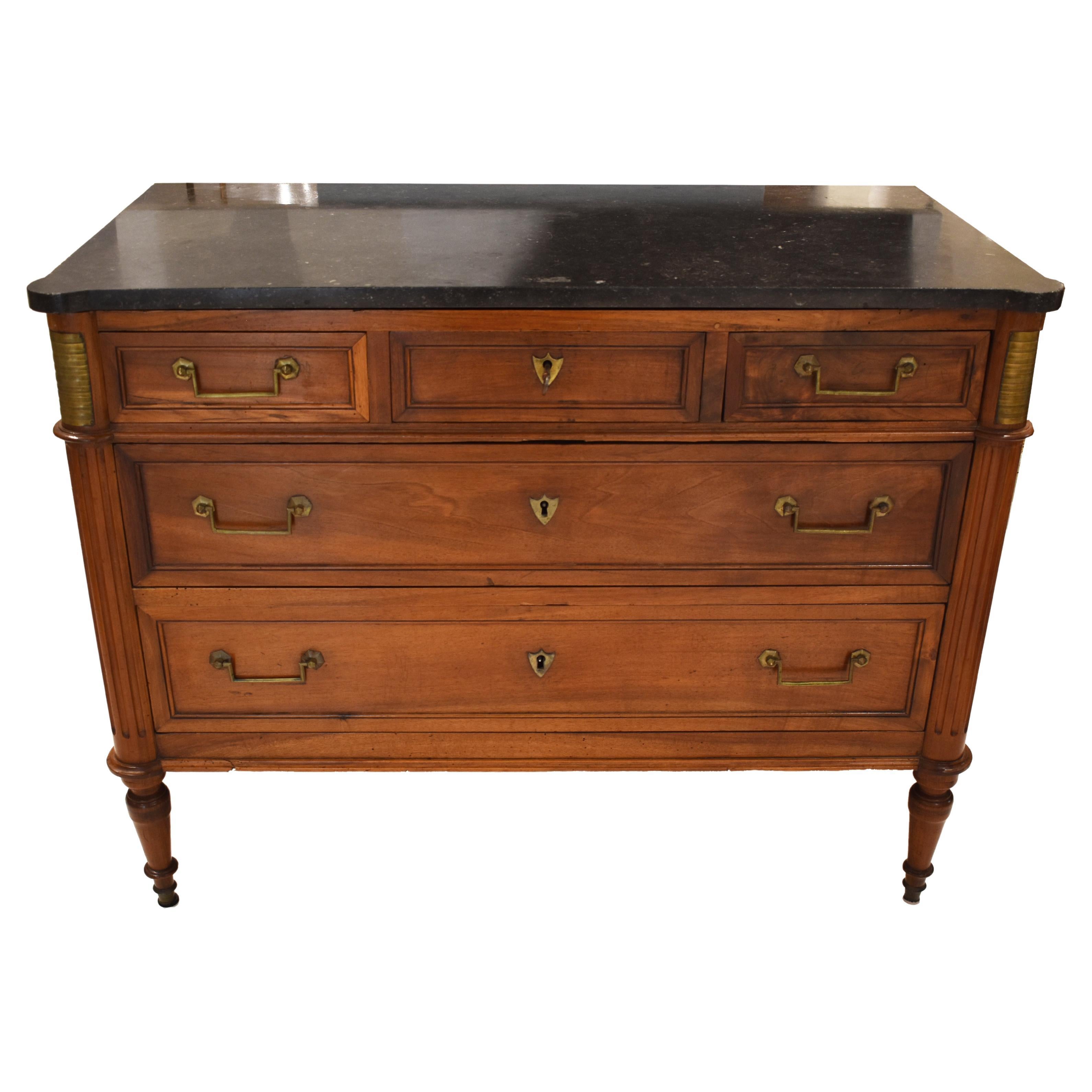 Walnut Commode with Marble Top, 19c French Louis XVI Style