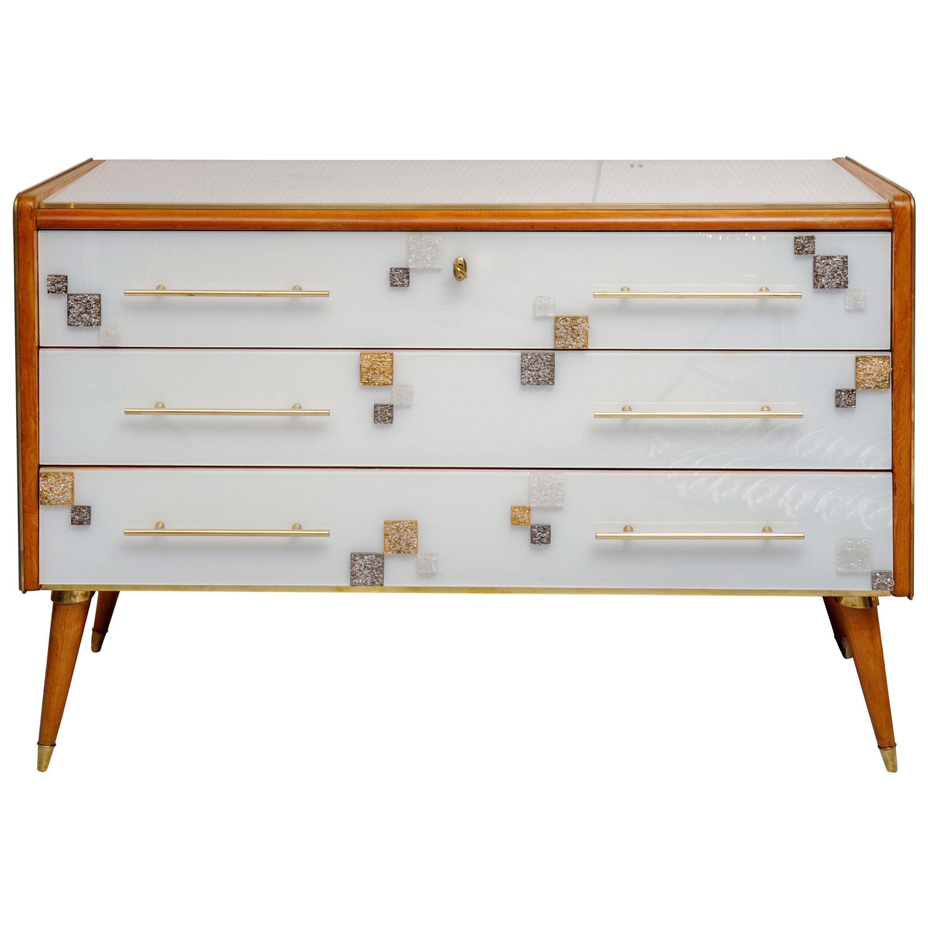 Commode with Three Drawers in Teinted Glass and Applications in Murano Glass For Sale