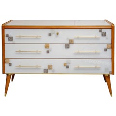 Vintage Commode with Three Drawers in Teinted Glass and Applications in Murano Glass