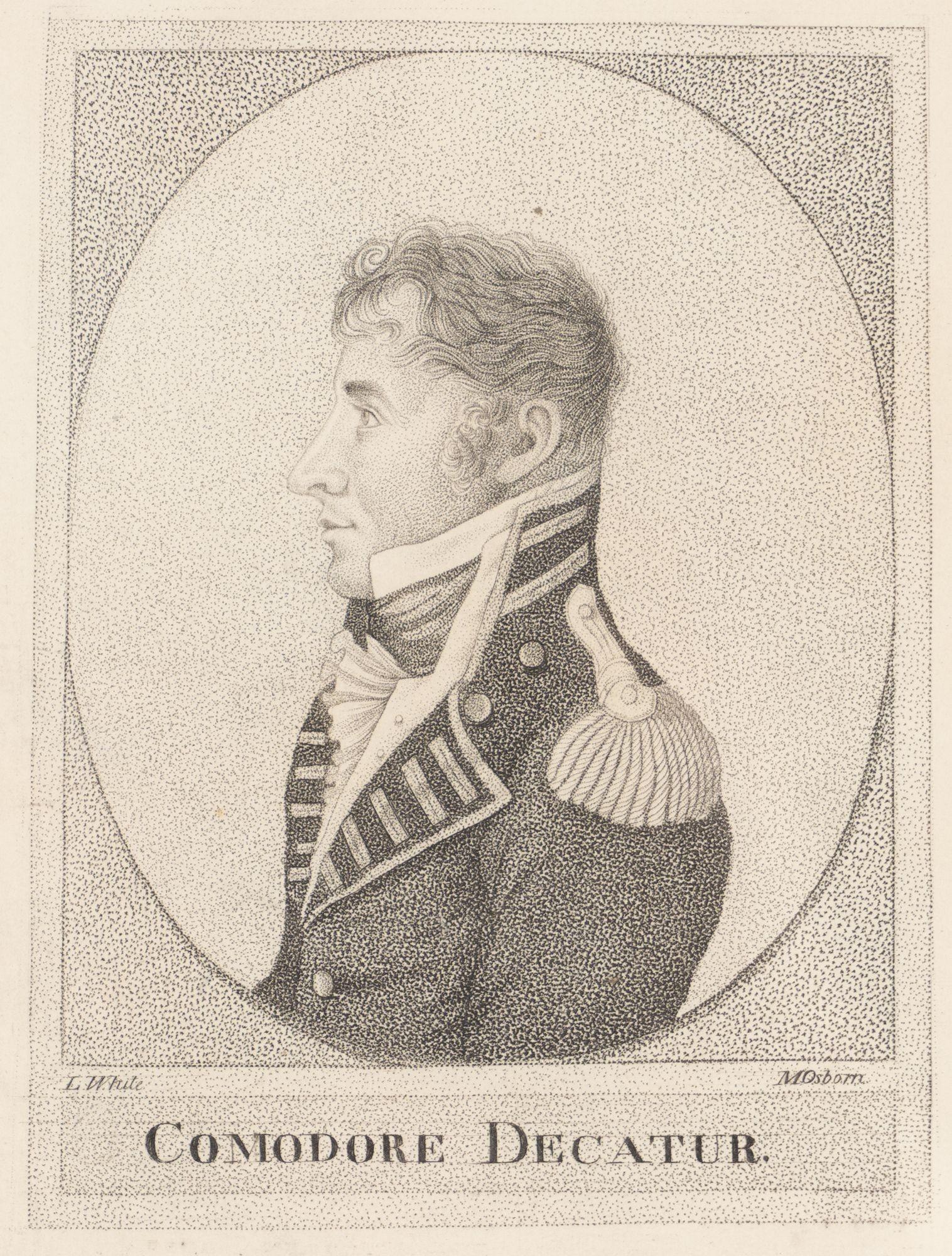 Amerikanischer Stich von Commodore Stephen Decatur, gedruckt auf Büttenpapier. Decatur war der Seeheld des Krieges von 1812 und der Schlacht von Tripoli. Sein Haus ist eine National Historic Site am Lafayette Square, gegenüber dem Weißen Haus.
