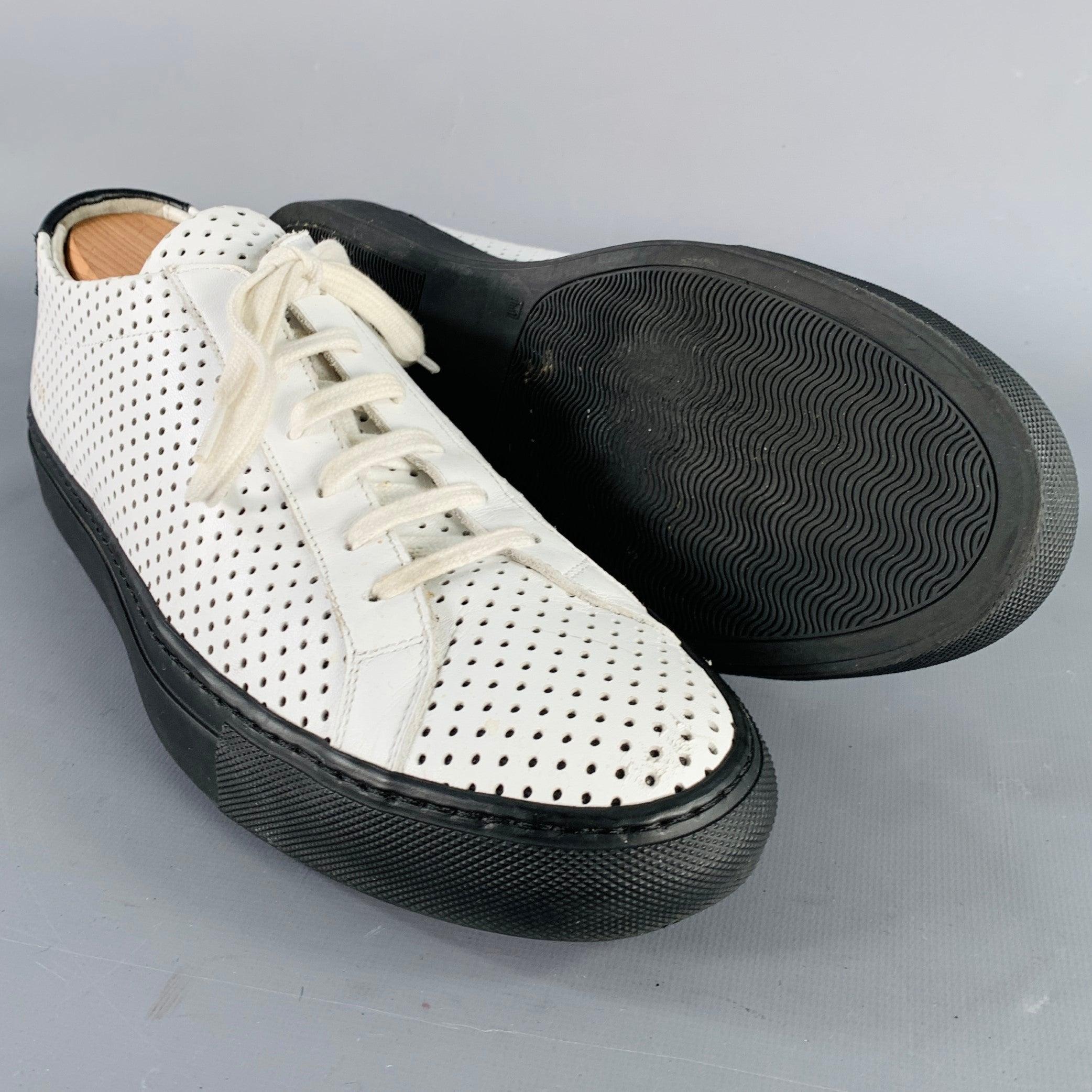 Men's COMMON PROJECTS Size 10 White Black Perforated Leather Low Top Sneakers For Sale