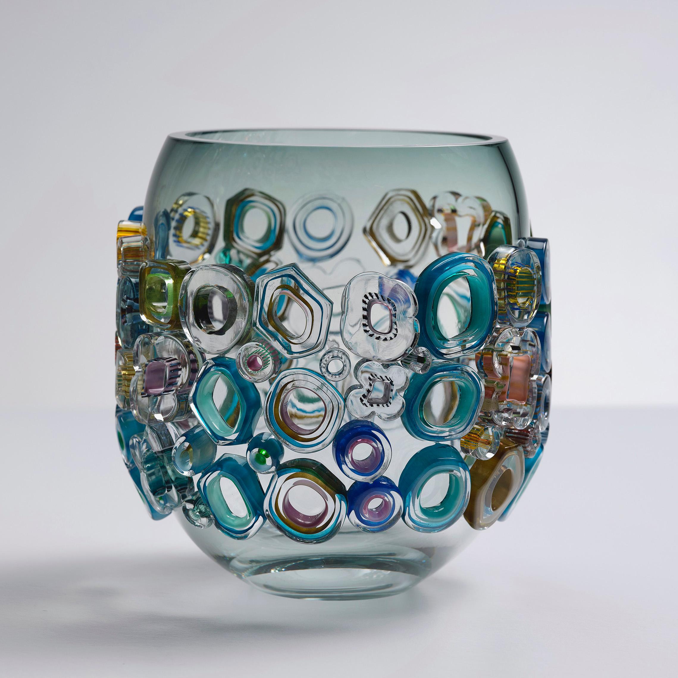Hand-Crafted Common Ray Blue Green with Green Diamonds, a Unique Glass Vase by Sabine Lintzen