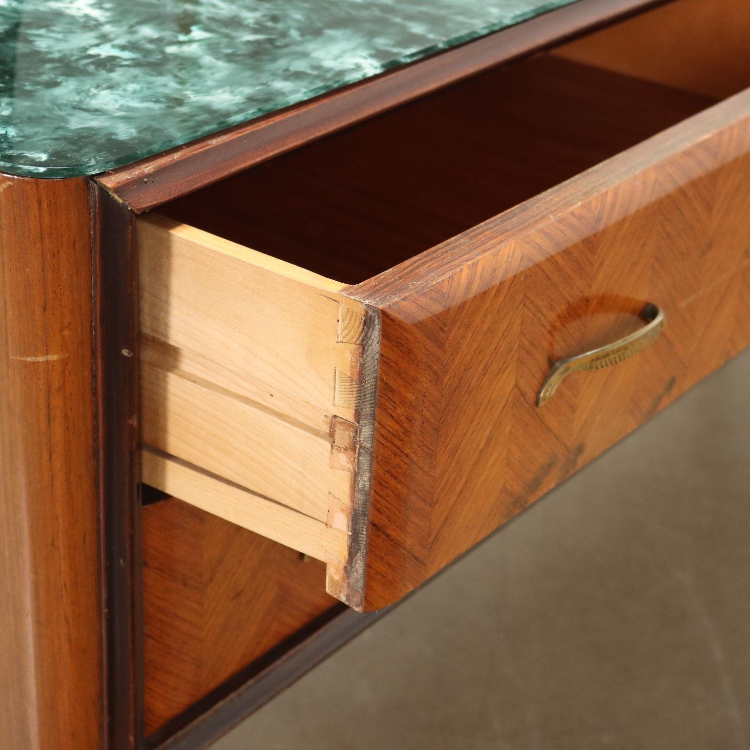 Brass 1950s dresser, brown stained beech, and mirror For Sale