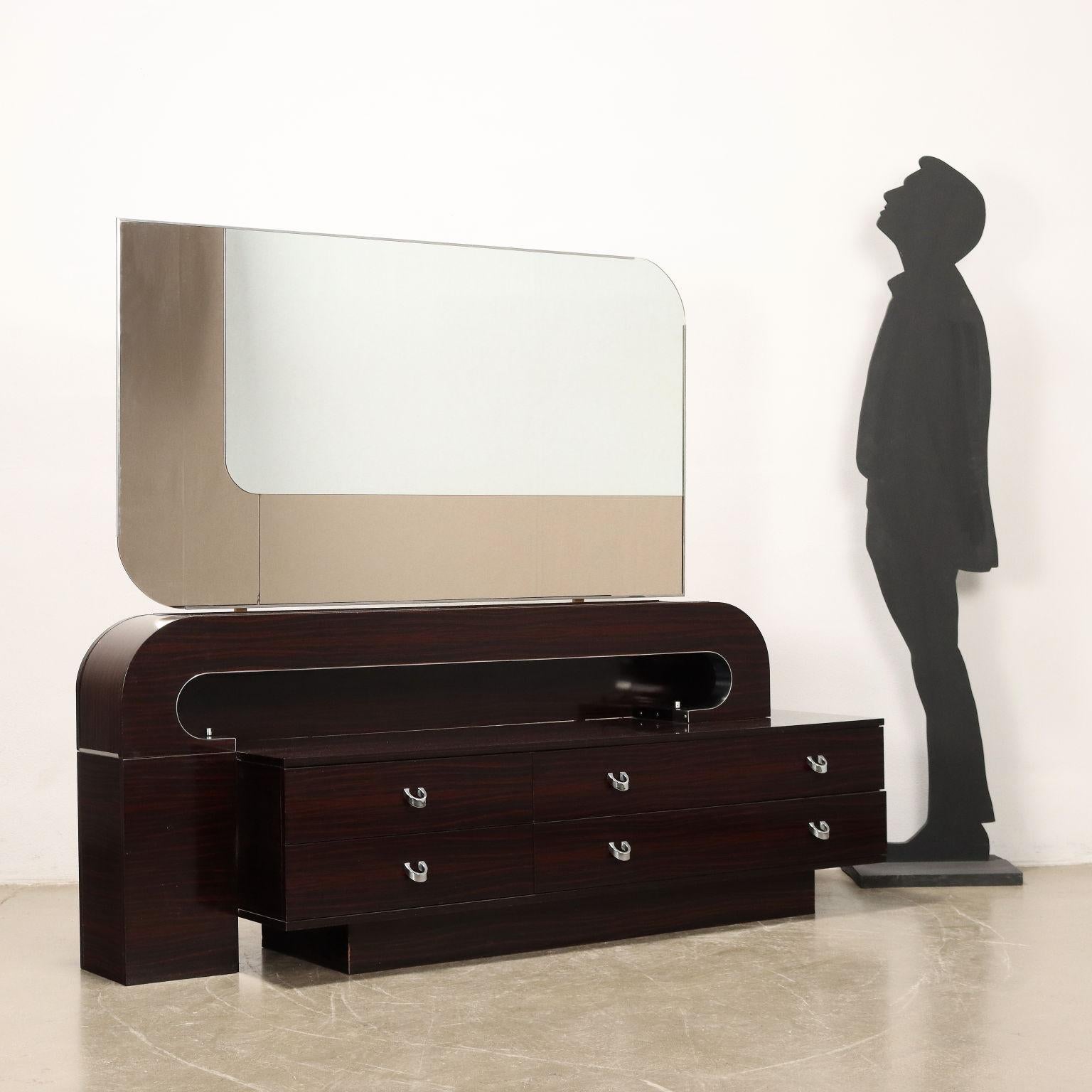 Dresser with mirror, side lights (not serviced) in exotic wood veneer.