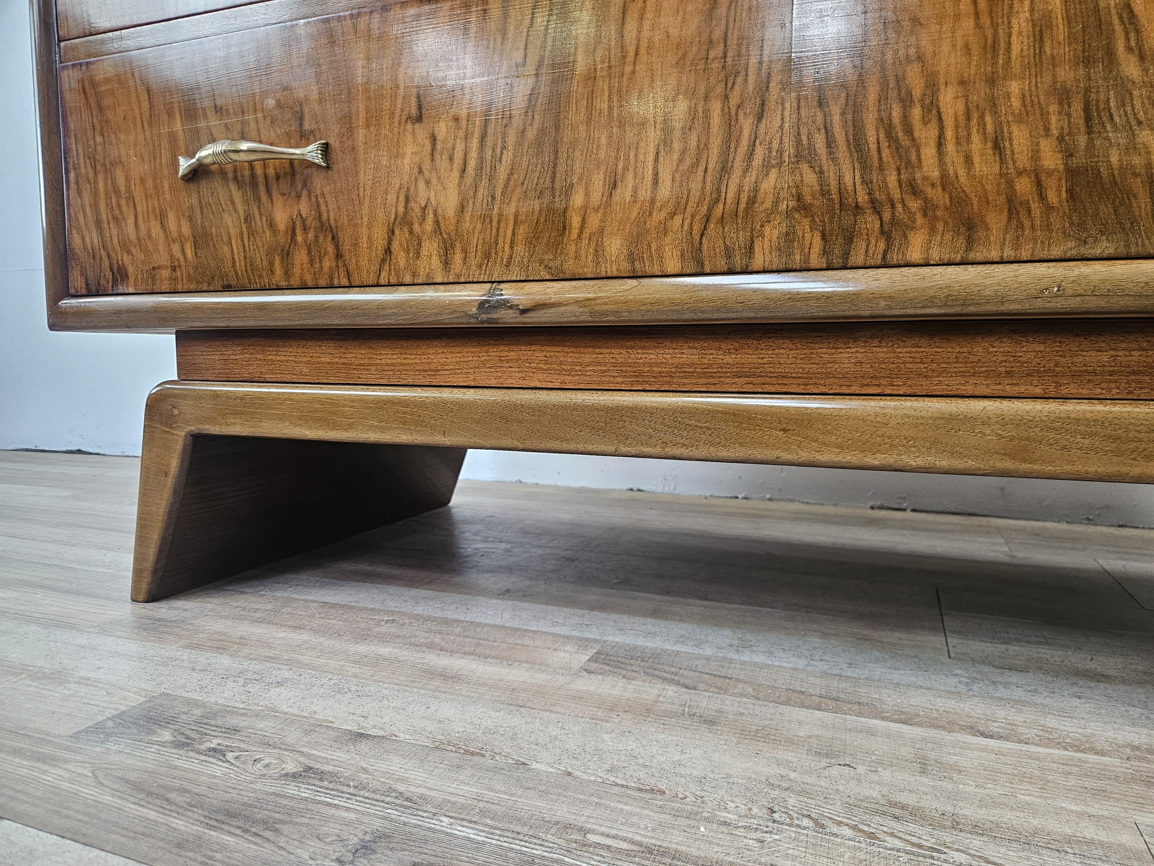 Art Deco walnut burl dresser with black glass top and brass handles For Sale 4