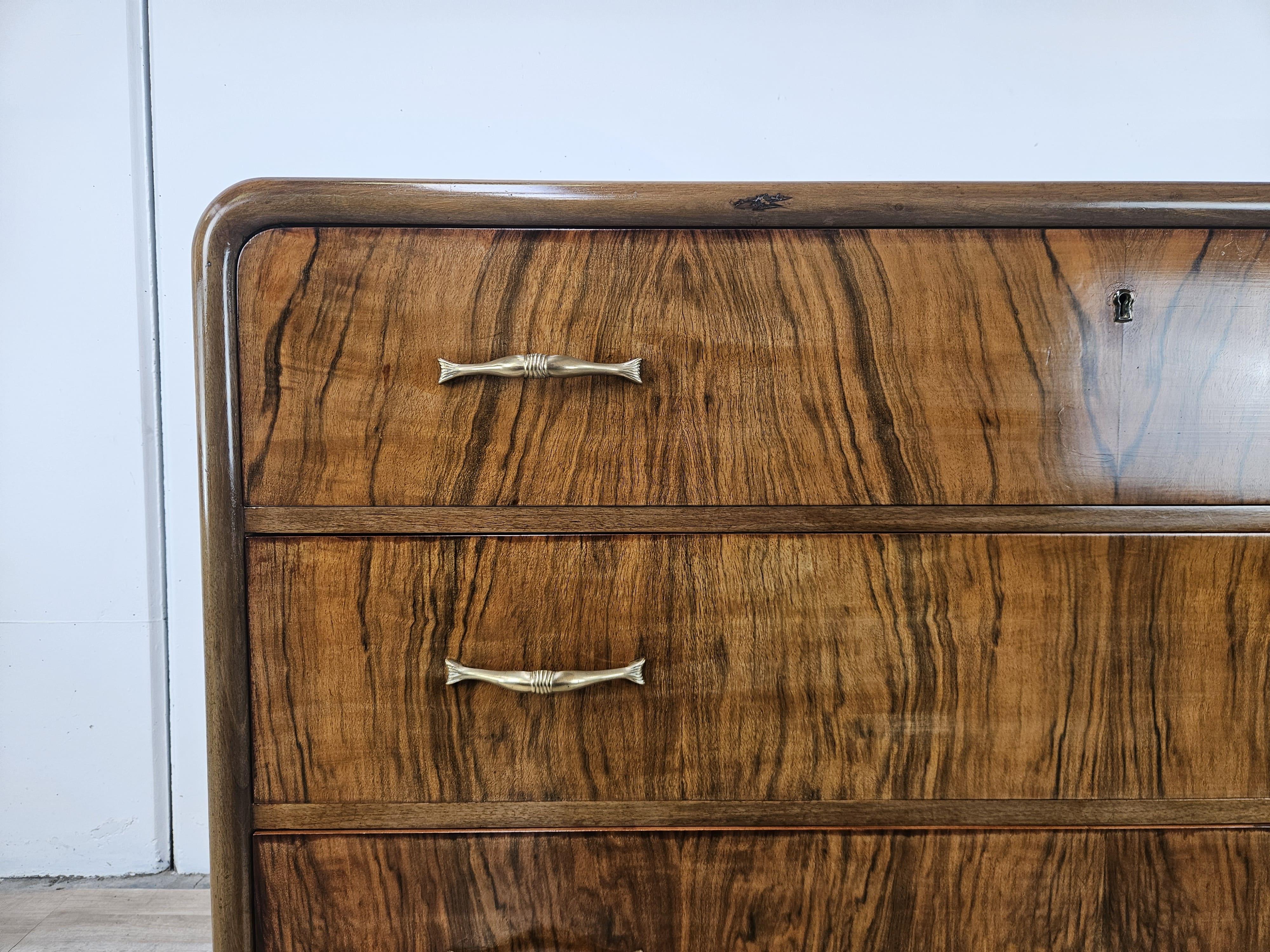 Art Deco walnut burl dresser with black glass top and brass handles For Sale 6