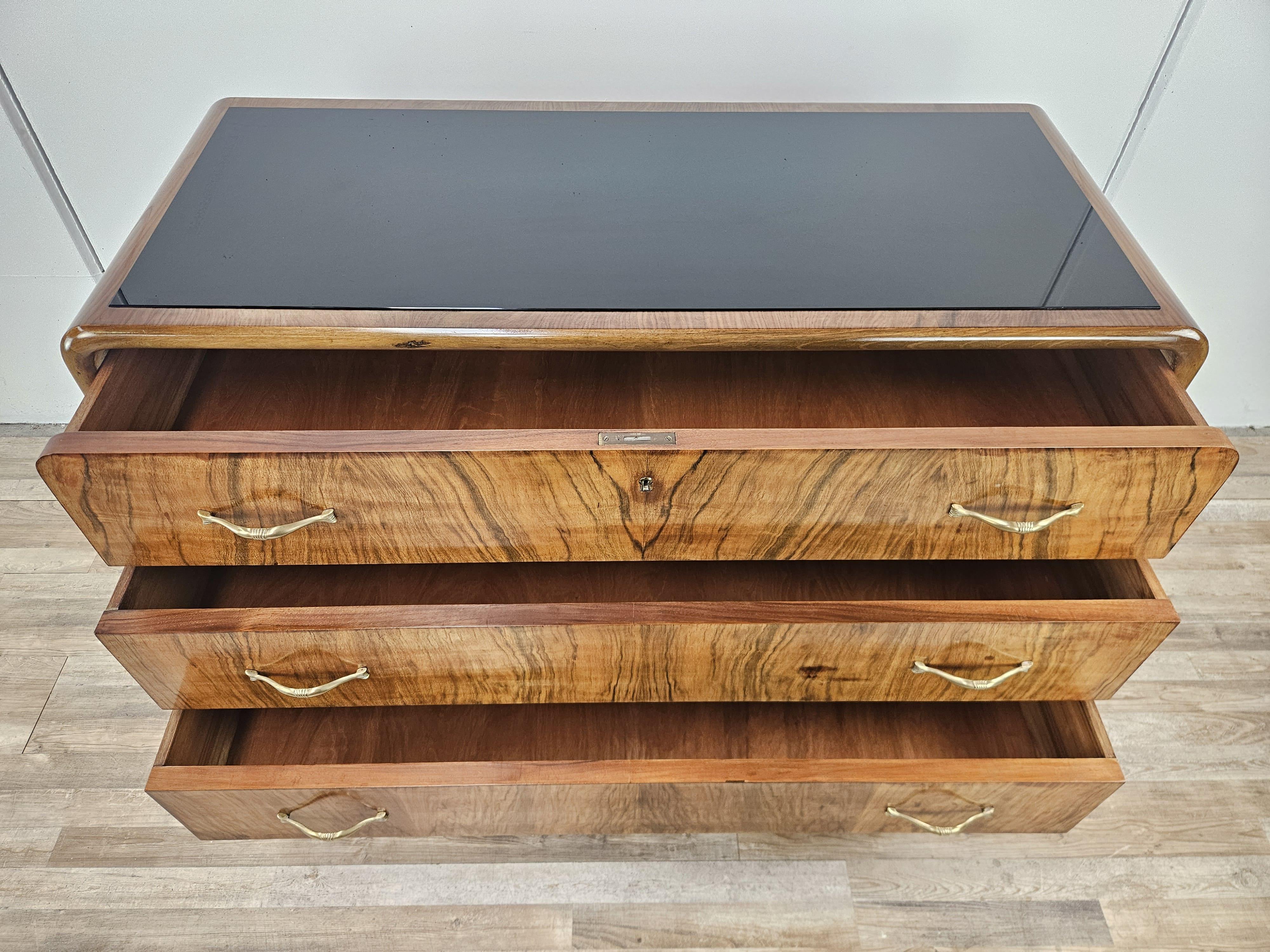 Art Deco walnut burl dresser with black glass top and brass handles For Sale 8