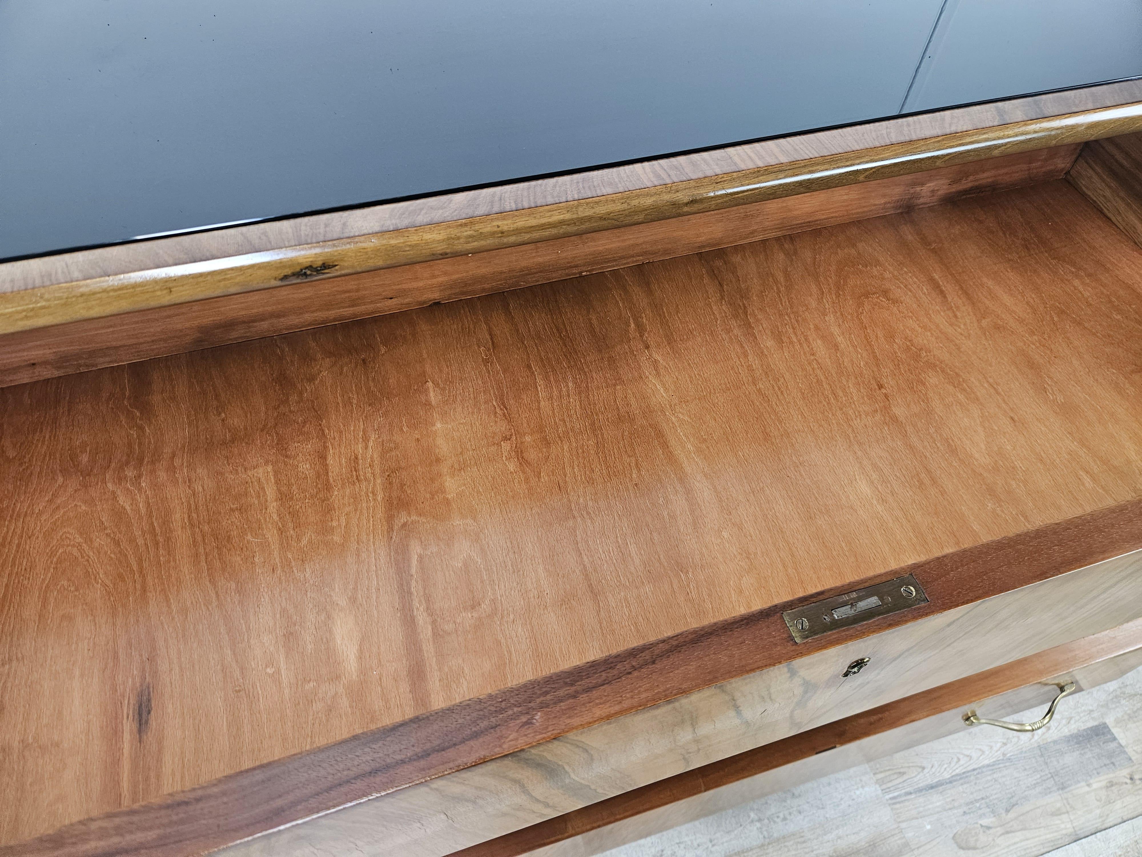 Art Deco walnut burl dresser with black glass top and brass handles For Sale 9