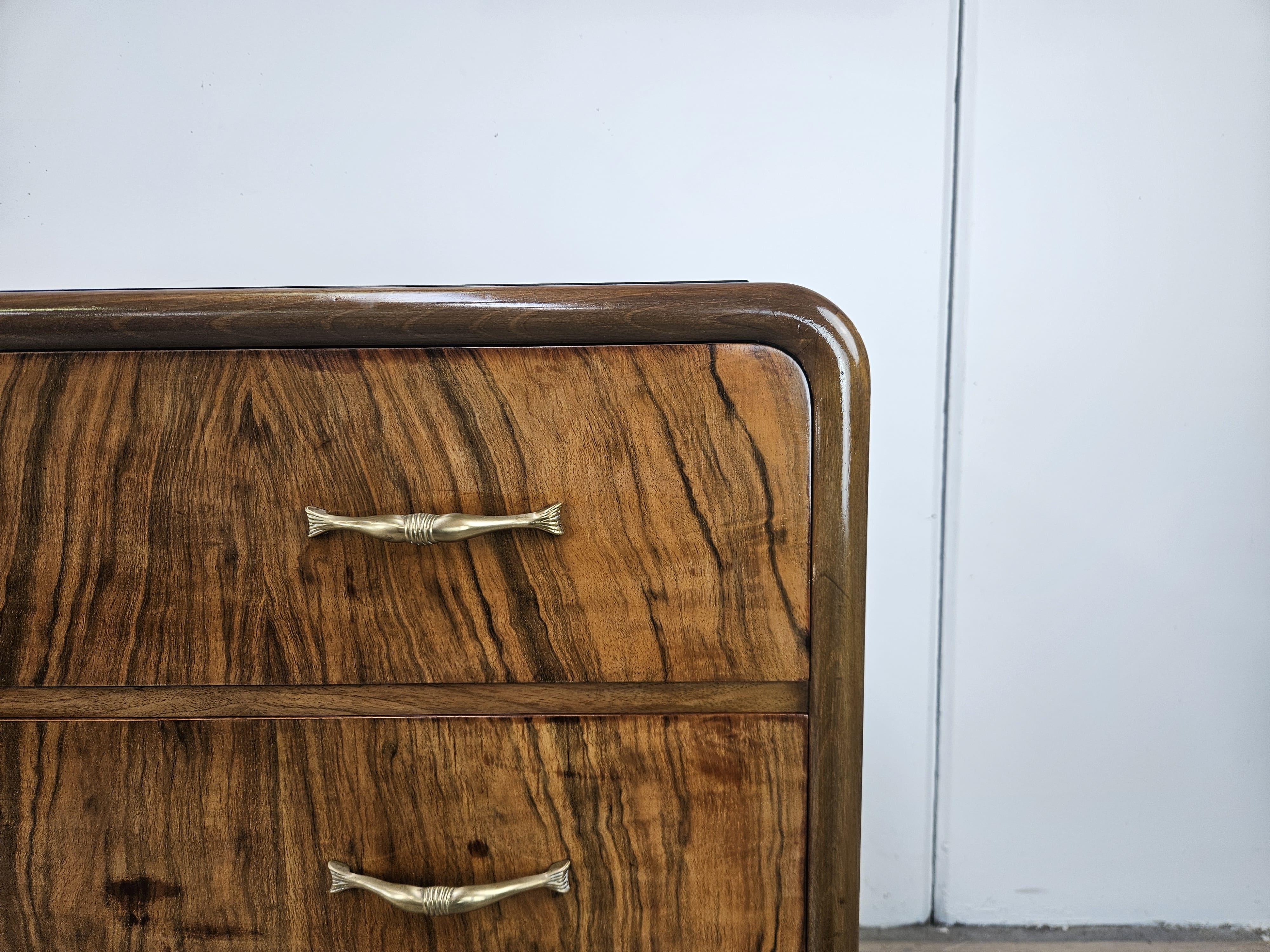 Art Deco walnut burl dresser with black glass top and brass handles For Sale 1