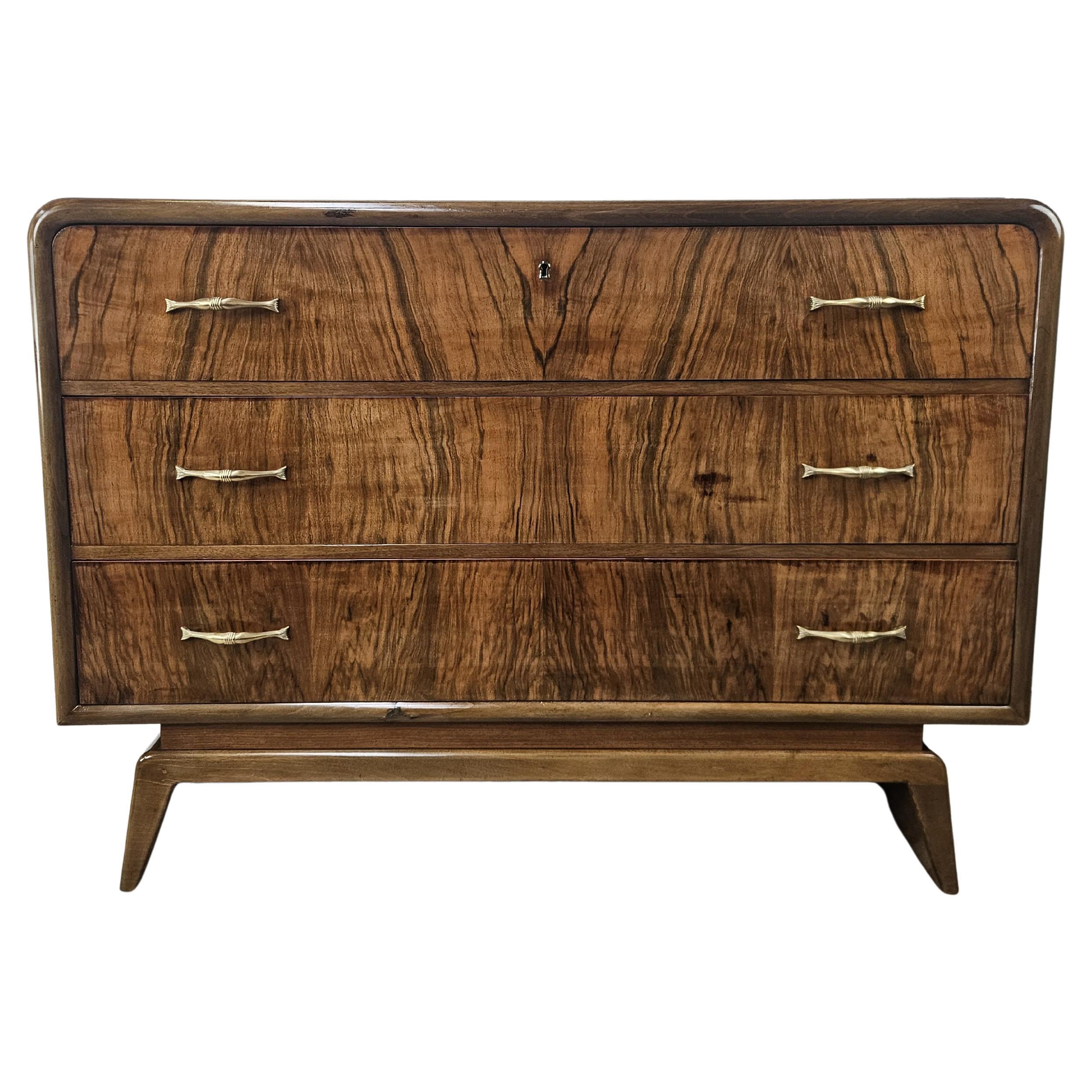 Art Deco walnut burl dresser with black glass top and brass handles