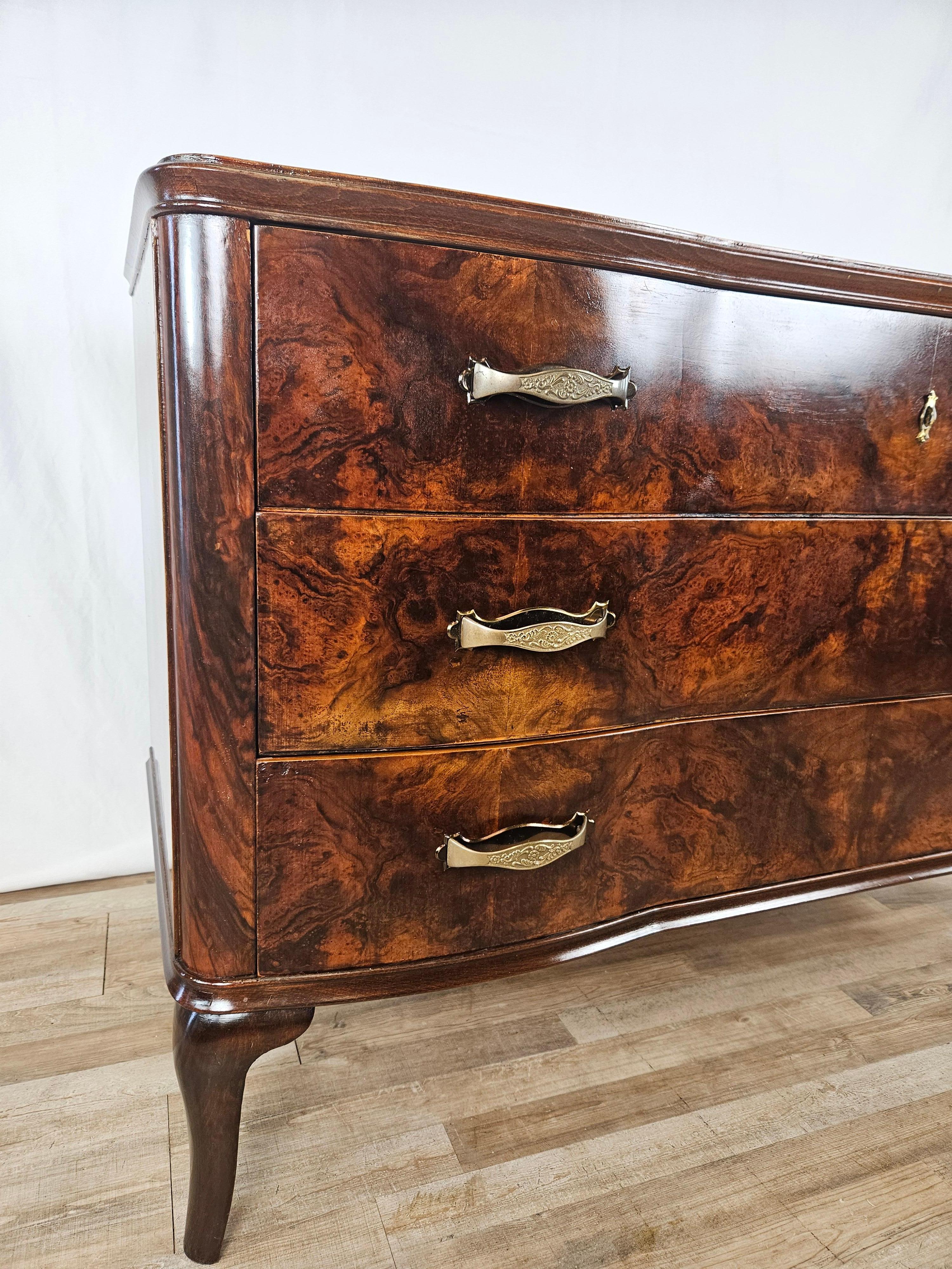 Art Deco walnut burl dresser with three drawers 1940 For Sale 6
