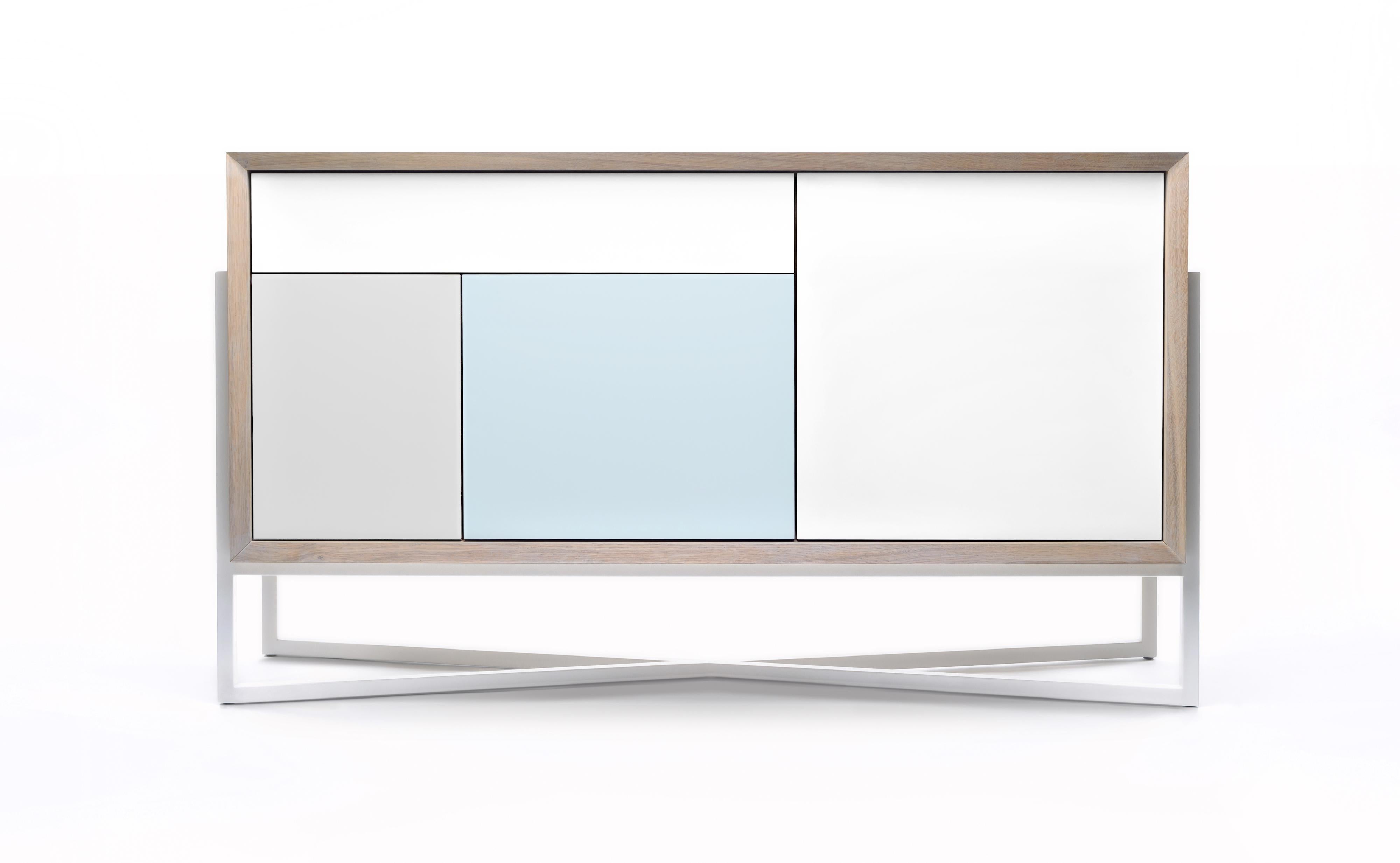 COMO cabinet by Phormy
Dimensions: D 44 x W 145 x H 80 cm.
Materials: bleached solid oak, bleached oak veneer, laquered fronts, powder coated steel base.

Different materials and sizes available.

COMO is an intriguing combination of