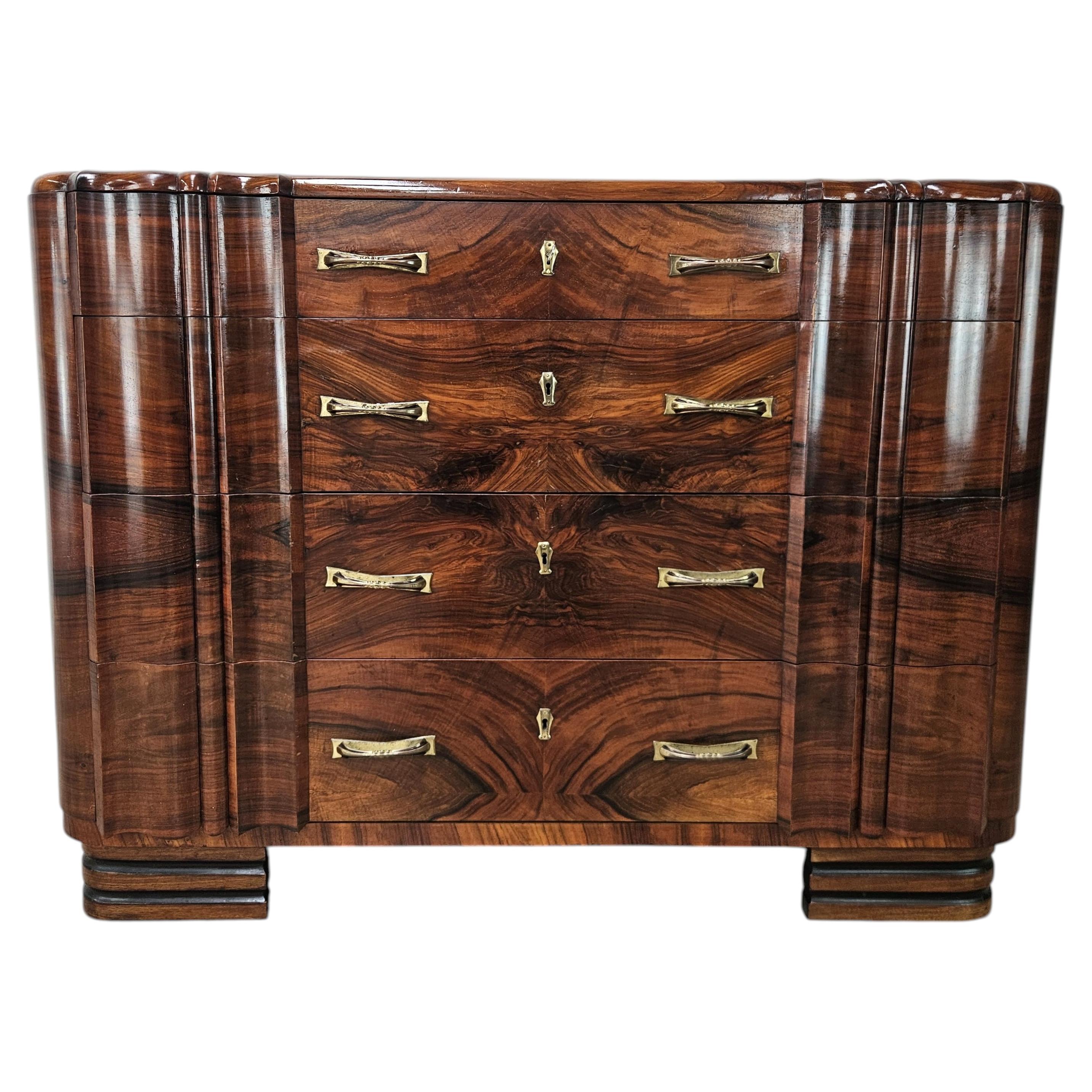 Italian Deco Commode, Walnut Wood, Four Drawers, Brass Handles, 1940