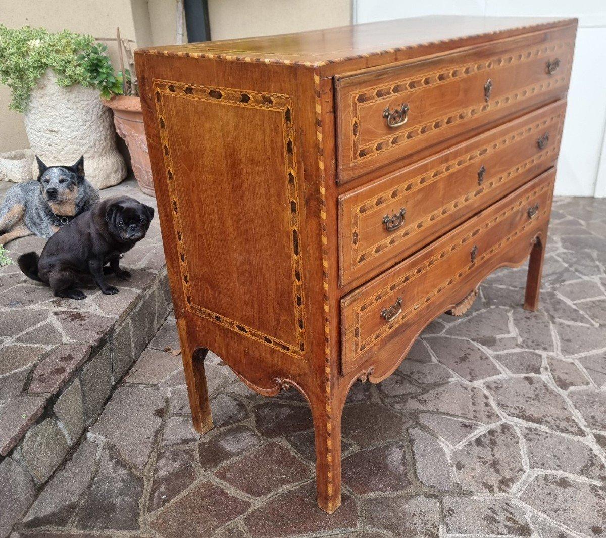 Comò Direttorio del 700 Vicentino in noce e intarsi in ciliegio
Il Comò Direttorio del 700 Vicentino rappresenta un prezioso esempio di artigianato antico, realizzato con maestria in noce e decorato con eleganti intarsi in ciliegio. Questo mobile