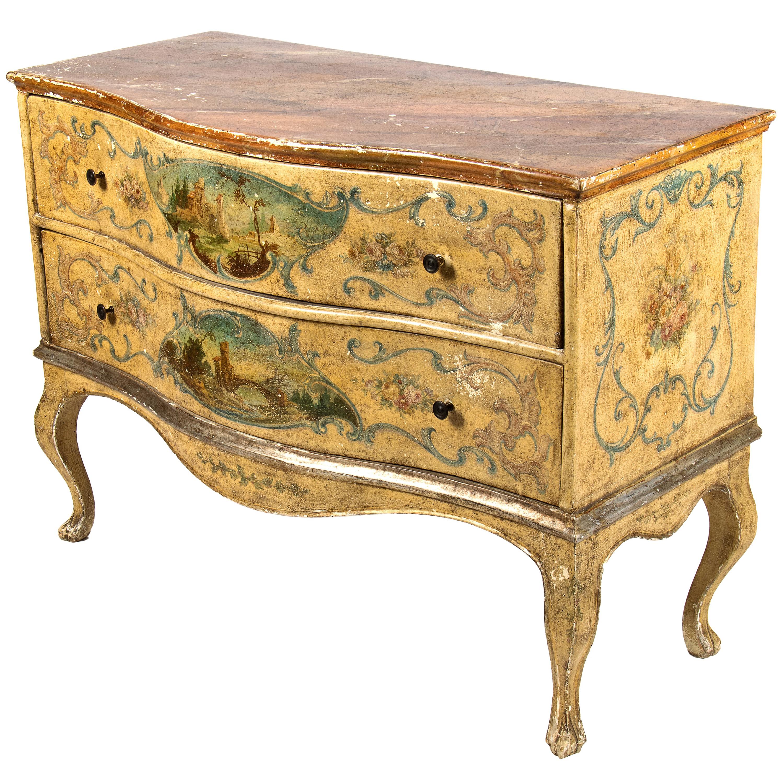 Louis XV Lacquered and polychromatically painted wooden dresser with landscapes, Marche, 18th century For Sale