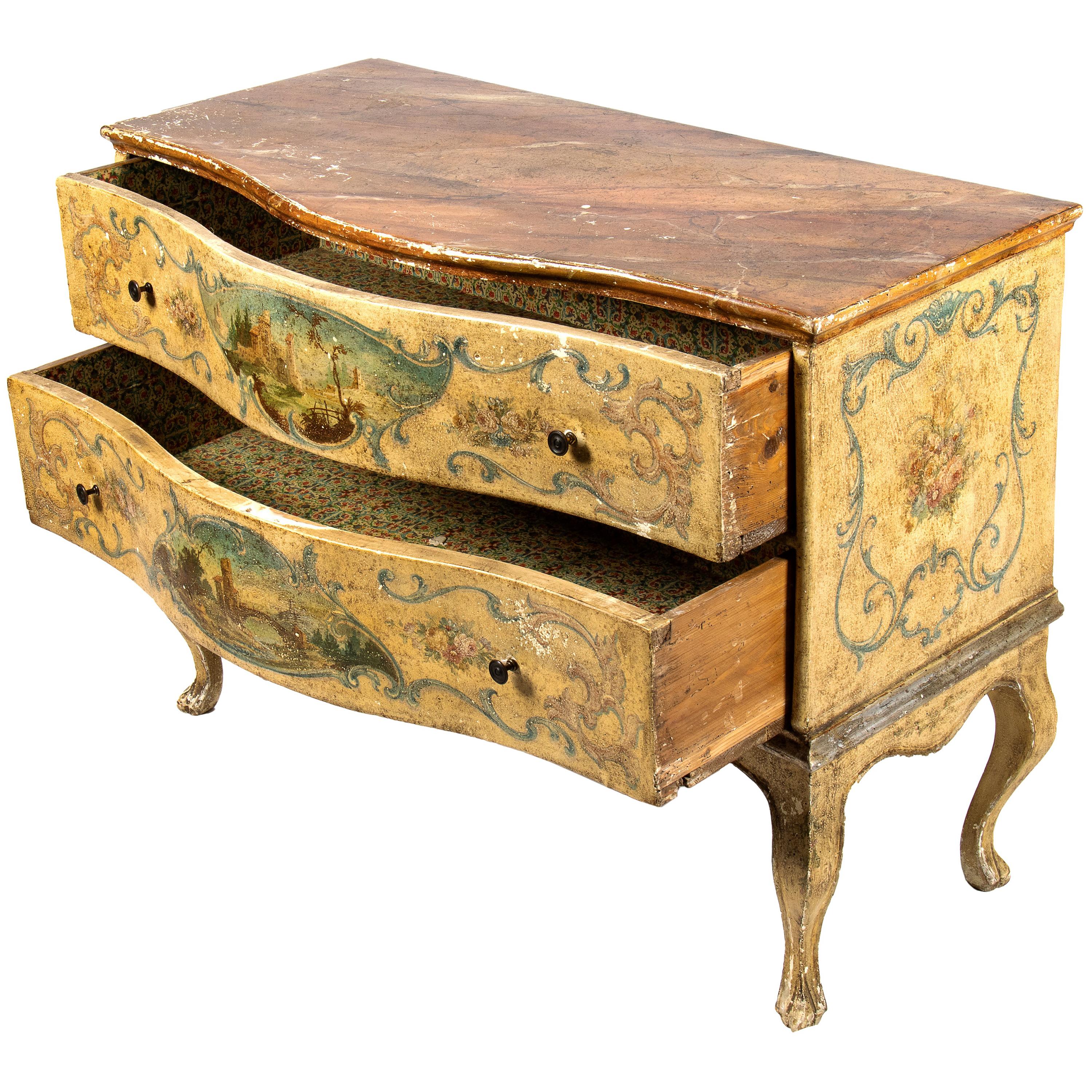 Hand-Painted Lacquered and polychromatically painted wooden dresser with landscapes, Marche, 18th century For Sale