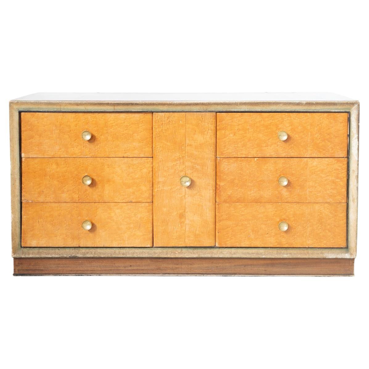 Comò in radica di betulla, con maniglie in ottone, 1950