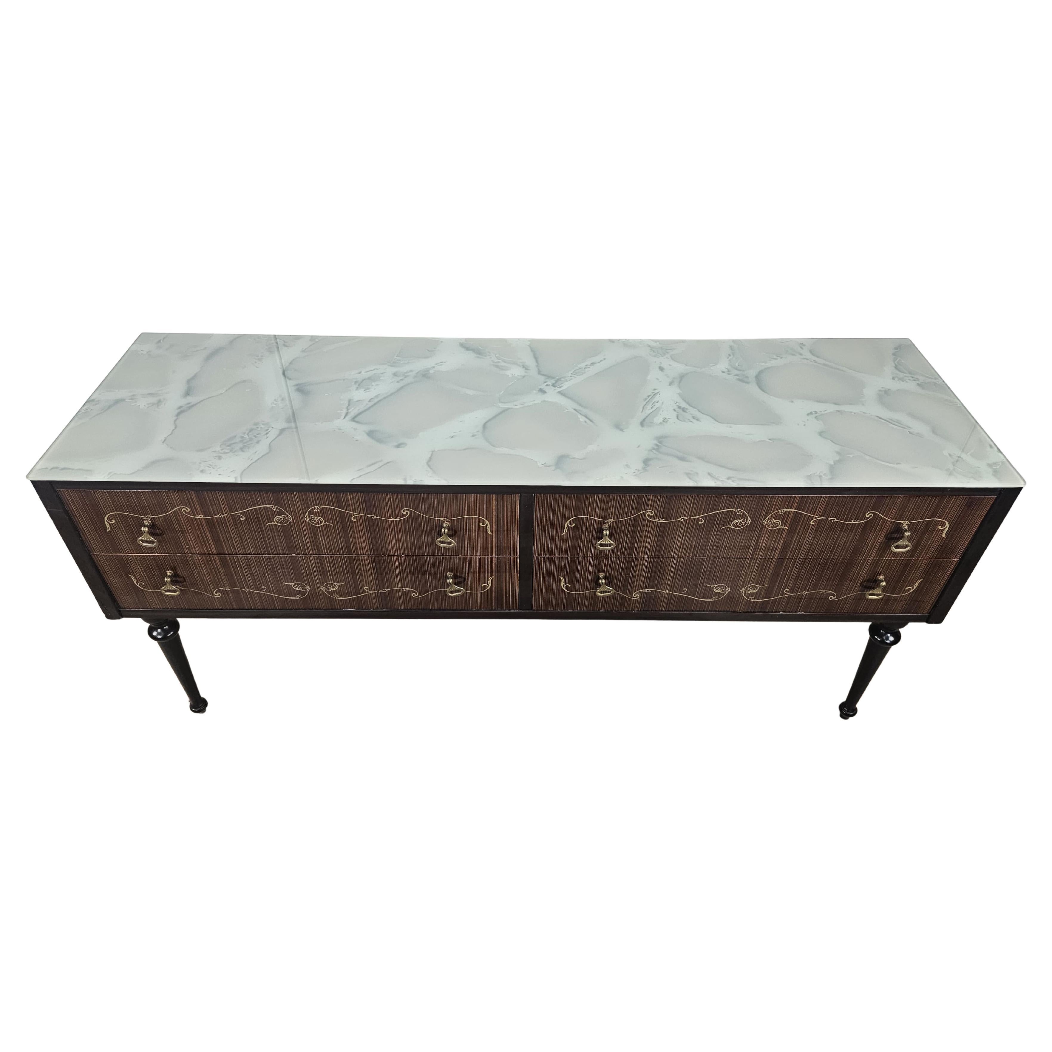 Italian Mid Century dresser with blue worked glass and four drawers, 1960s