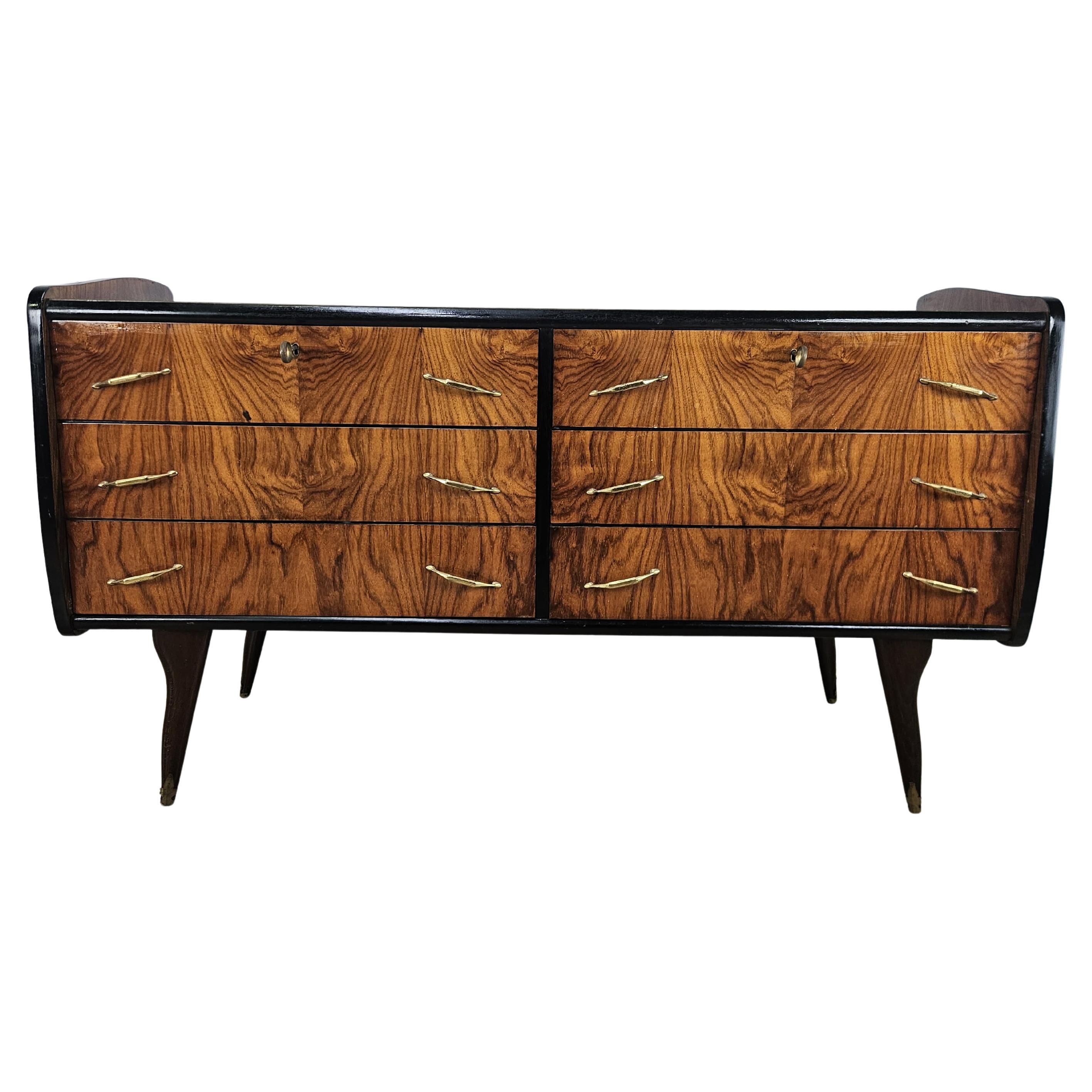 Comò sei cassetti anni '50 con piano in vetro