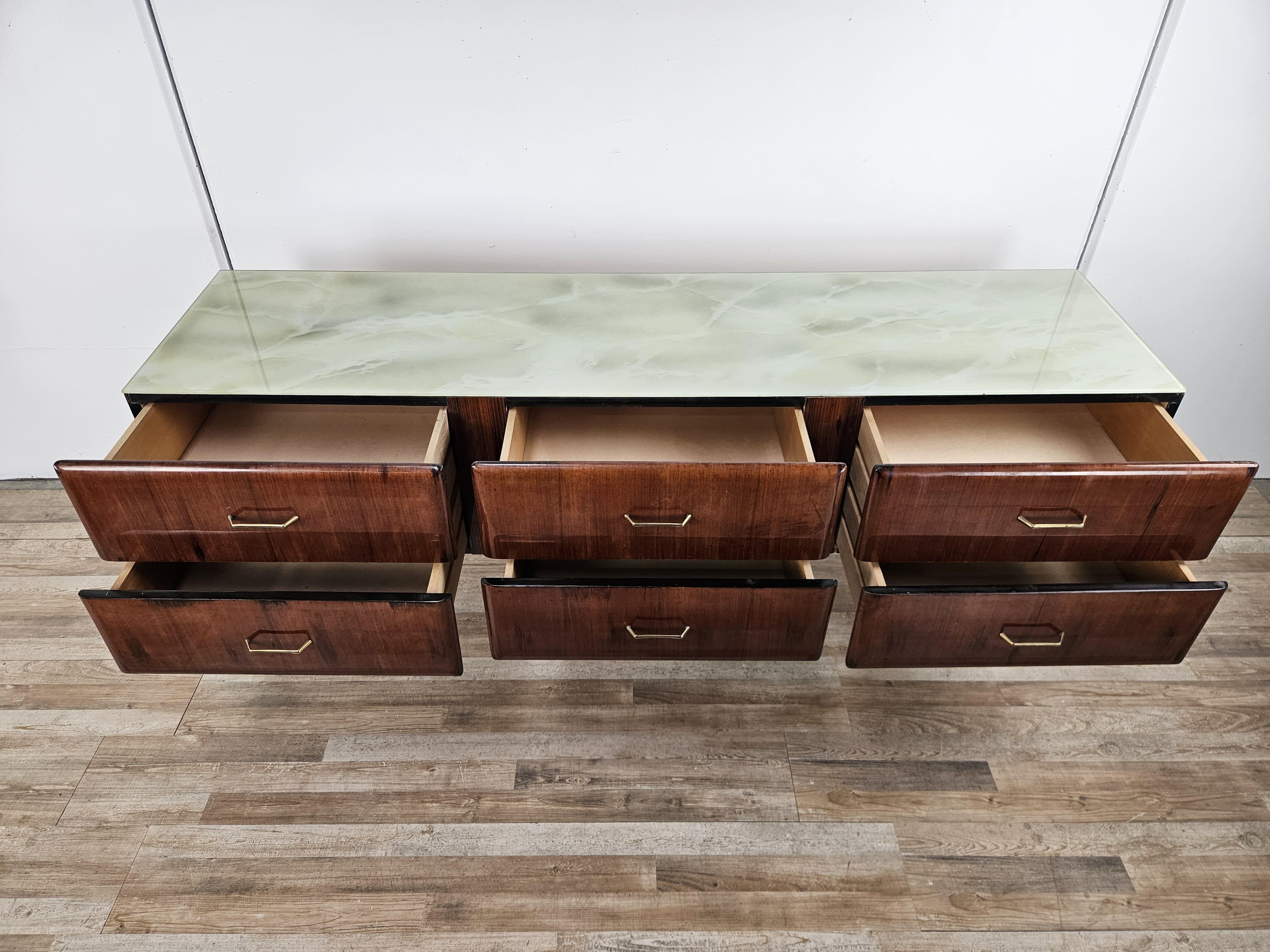 Vintage six-drawer mahogany burl dresser with glass top, 1960s For Sale 5
