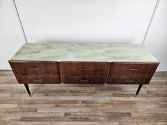 Vintage six-drawer mahogany burl dresser with glass top, 1960s