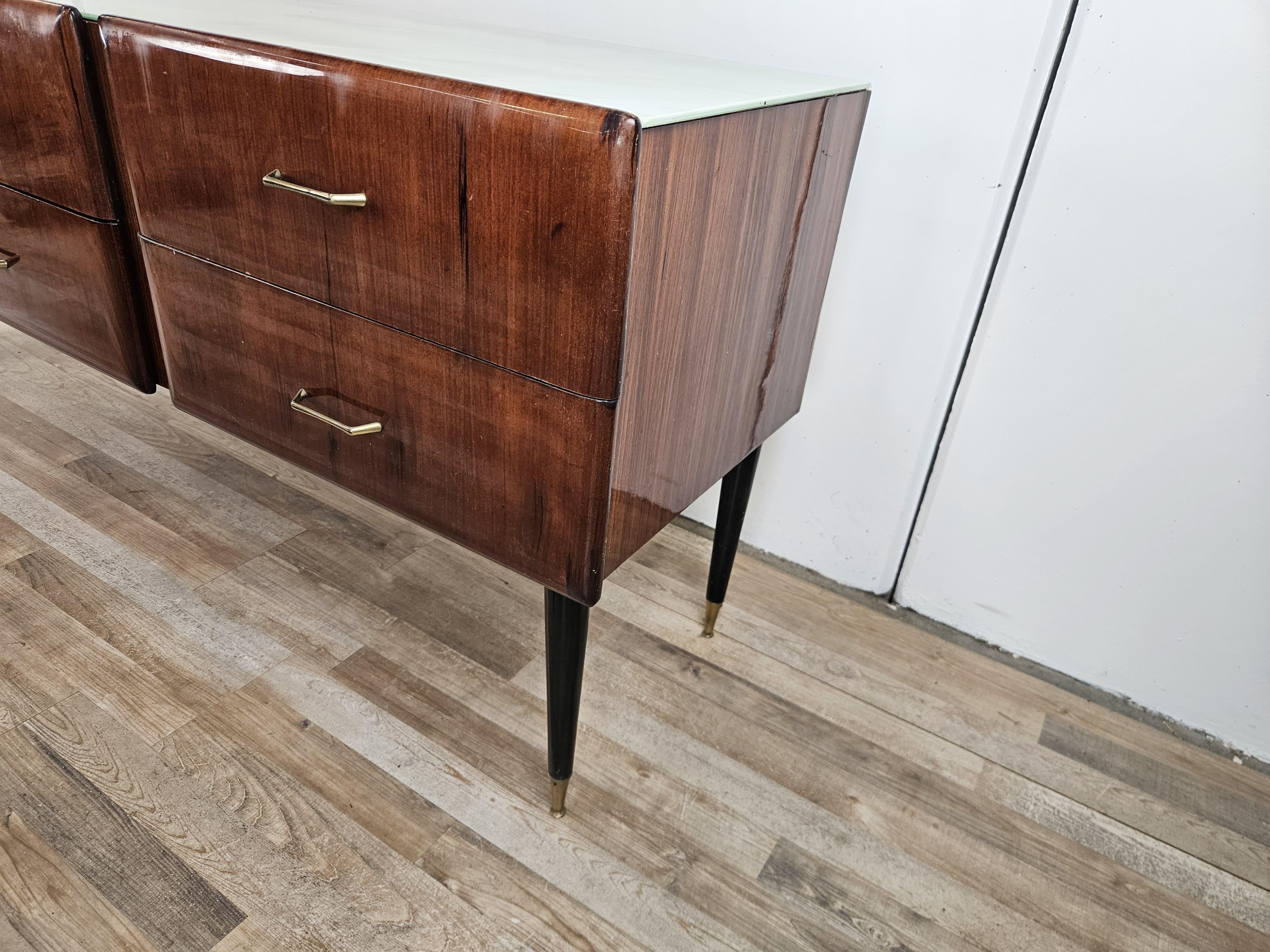 Mid-Century Modern Vintage six-drawer mahogany burl dresser with glass top, 1960s For Sale