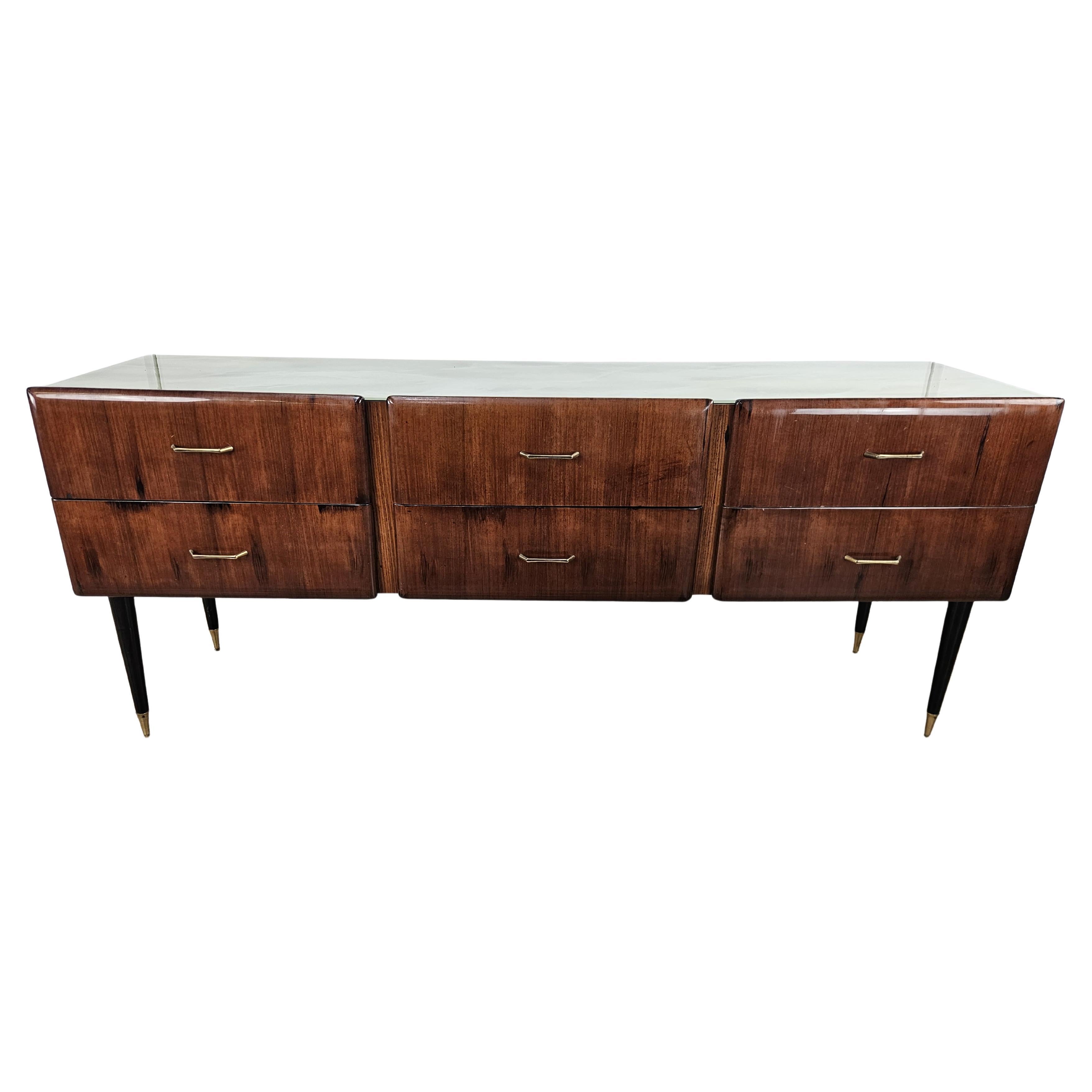Vintage six-drawer mahogany burl dresser with glass top, 1960s For Sale