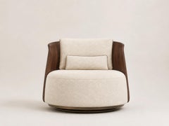 Como Swivel Lounge Chair with Sculptural Walnut Back and Textured Upholstery