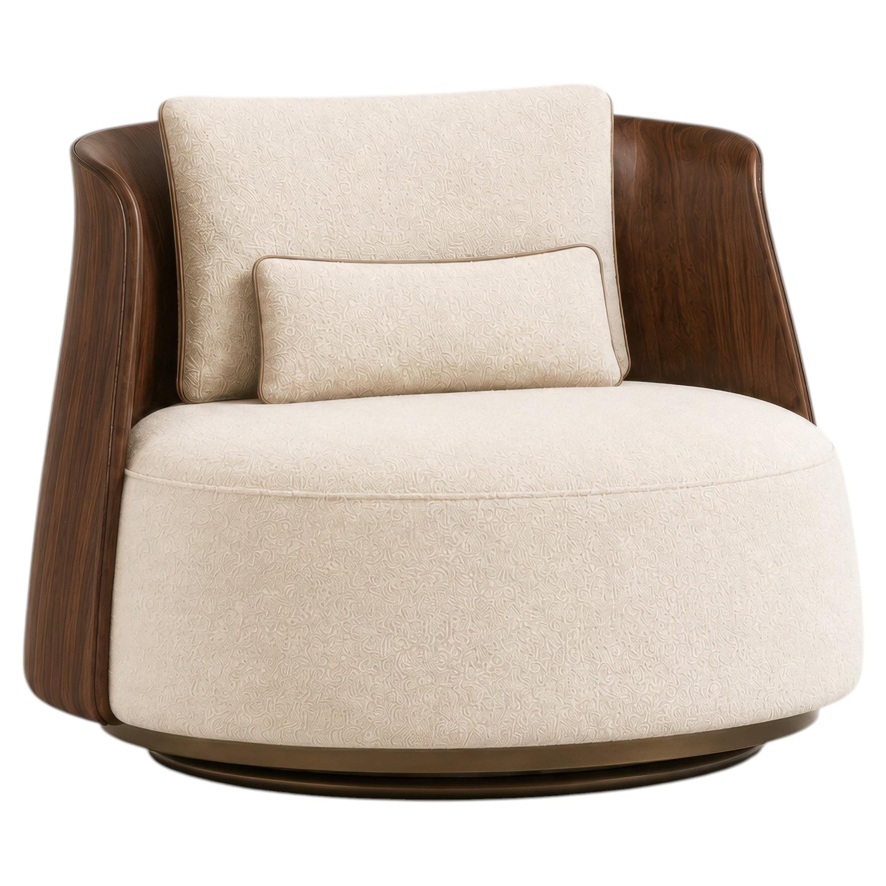 Como Swivel Lounge Chair with Sculptural Walnut Back and Textured Upholstery
