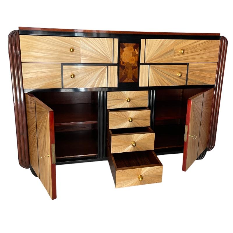 French Art Deco Buffet Dresser In Rosewood And Straw Marquetry For Sale